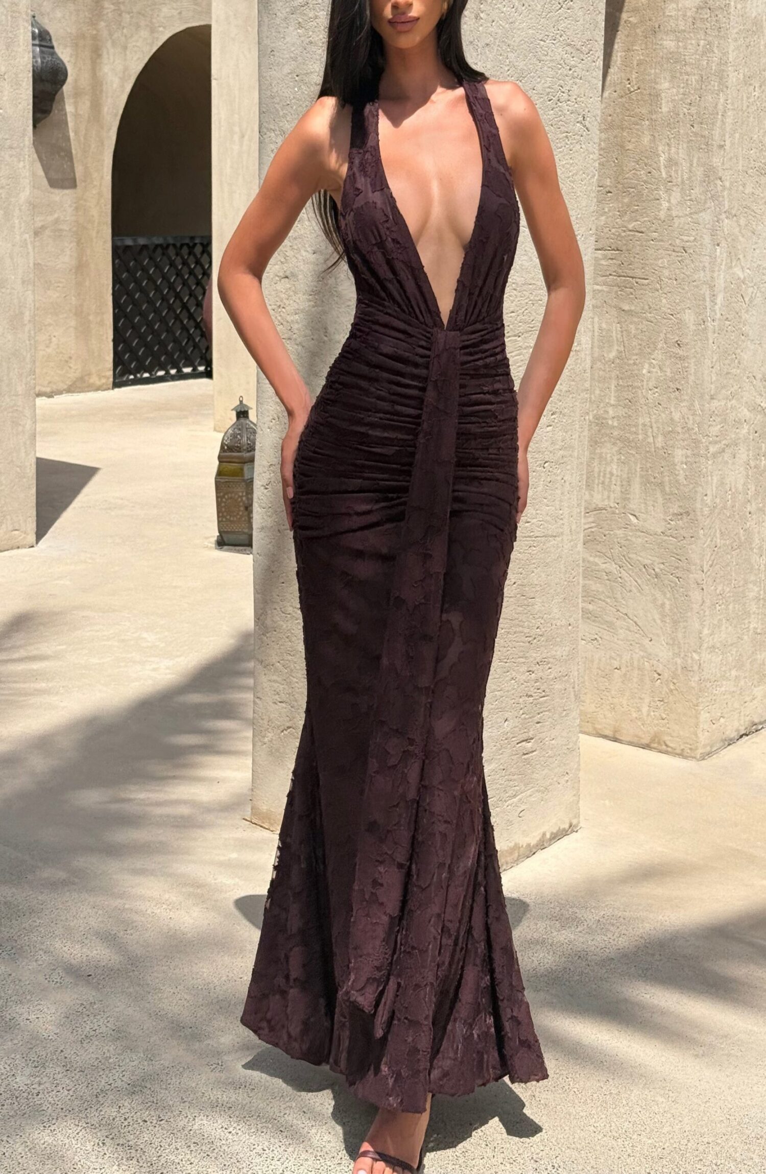 Guinevere Maxi Dress Plum Brown Floral Burnout Halterneck Ruched Split