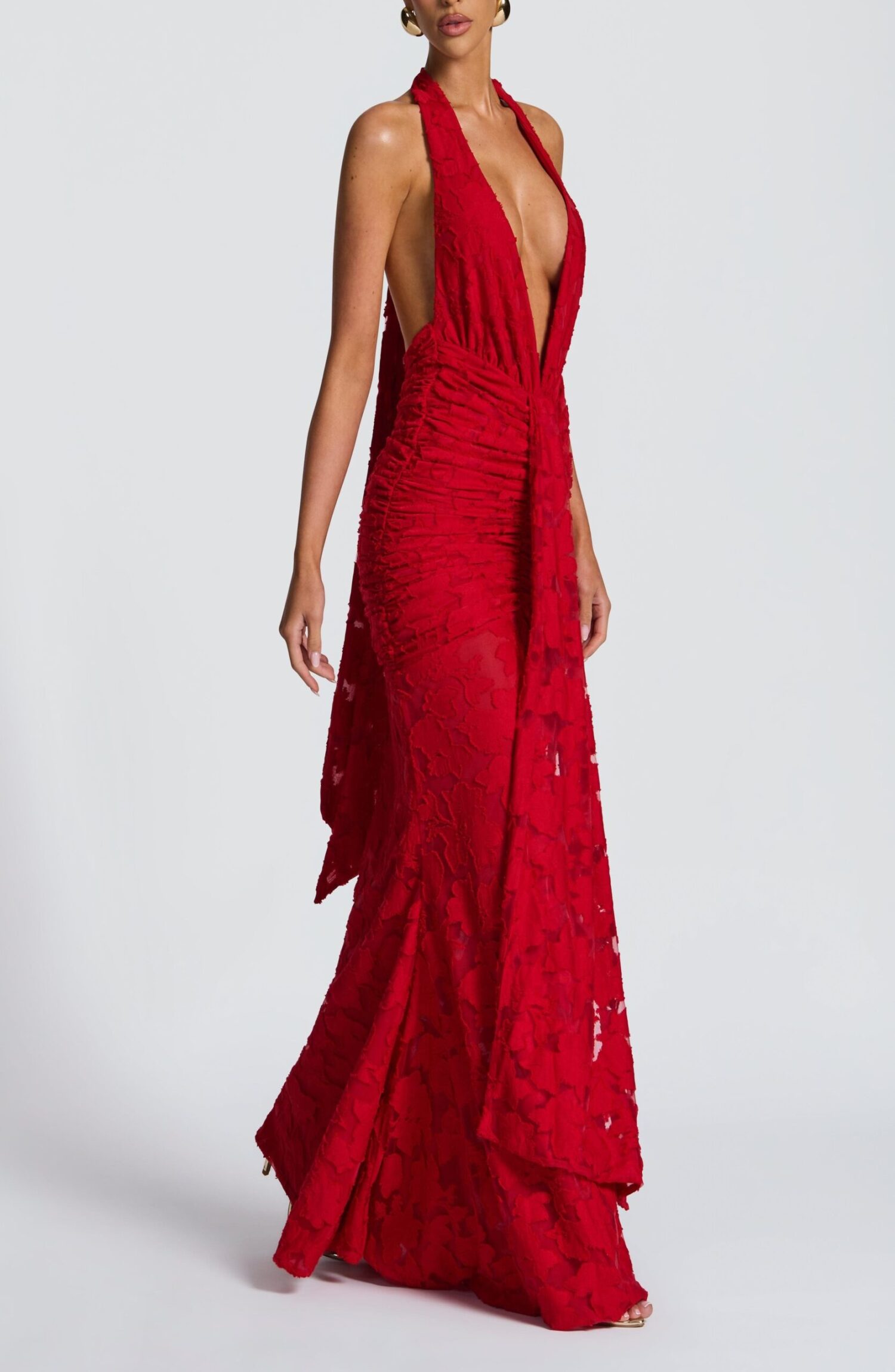 Guinevere Red Floral Burnout Maxi Dress - Plunge Halterneck - Image 3