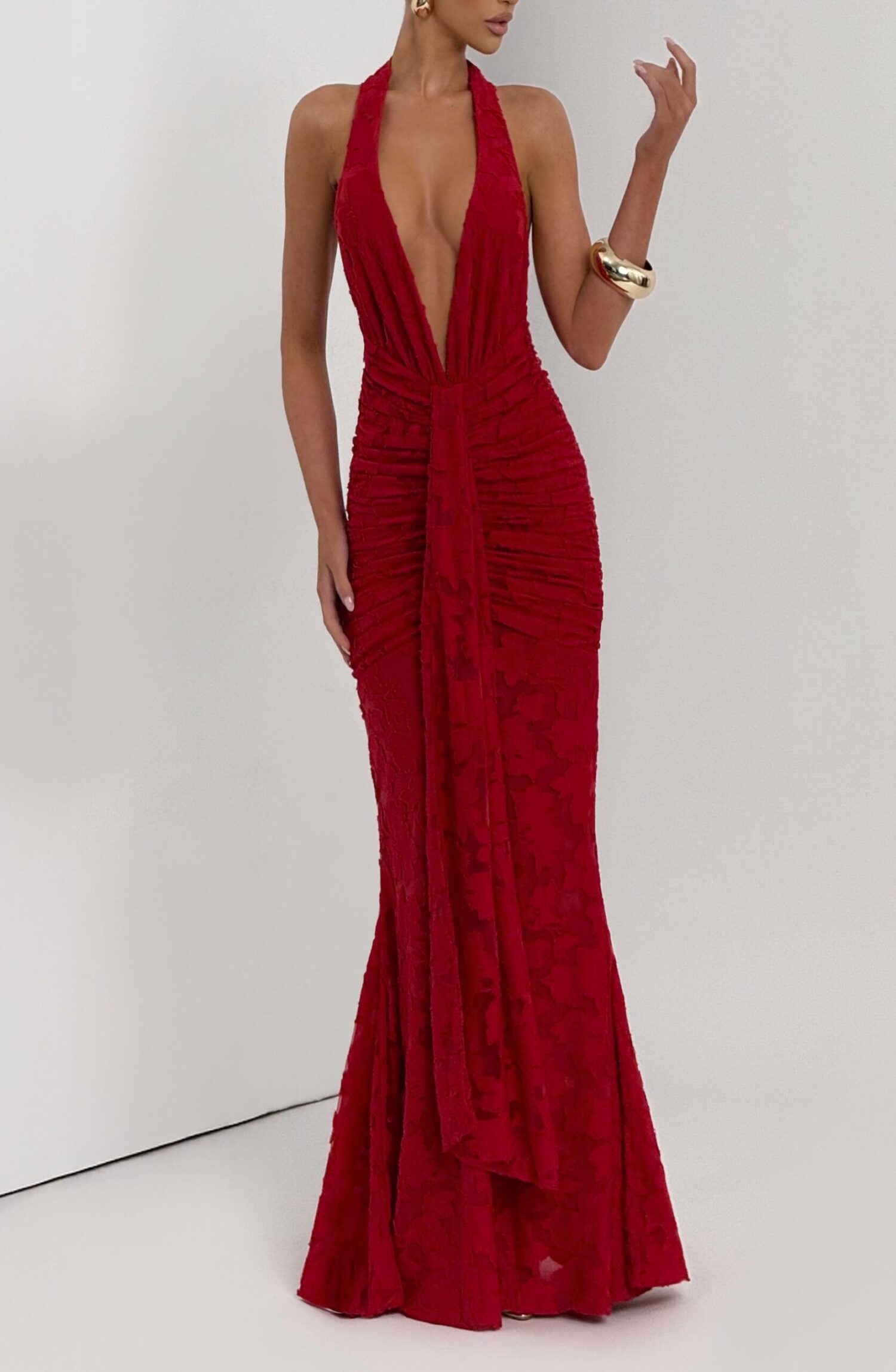 Guinevere Red Floral Burnout Maxi Dress - Plunge Halterneck - Image 7