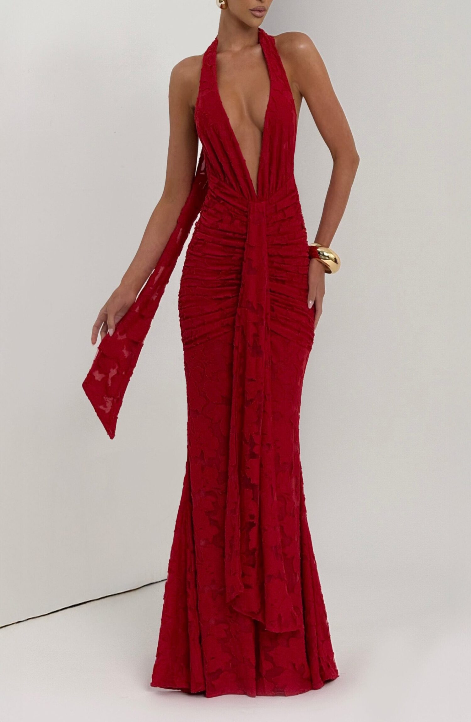 Guinevere Red Floral Burnout Maxi Dress - Plunge Halterneck - Image 6