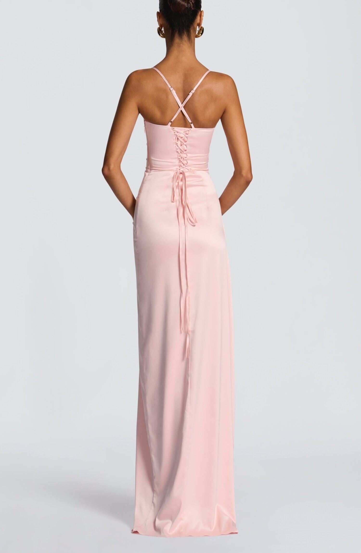 Helen Maxi Dress Blush Stretch Satin Cowl Neck Lace-Up Back - Image 2