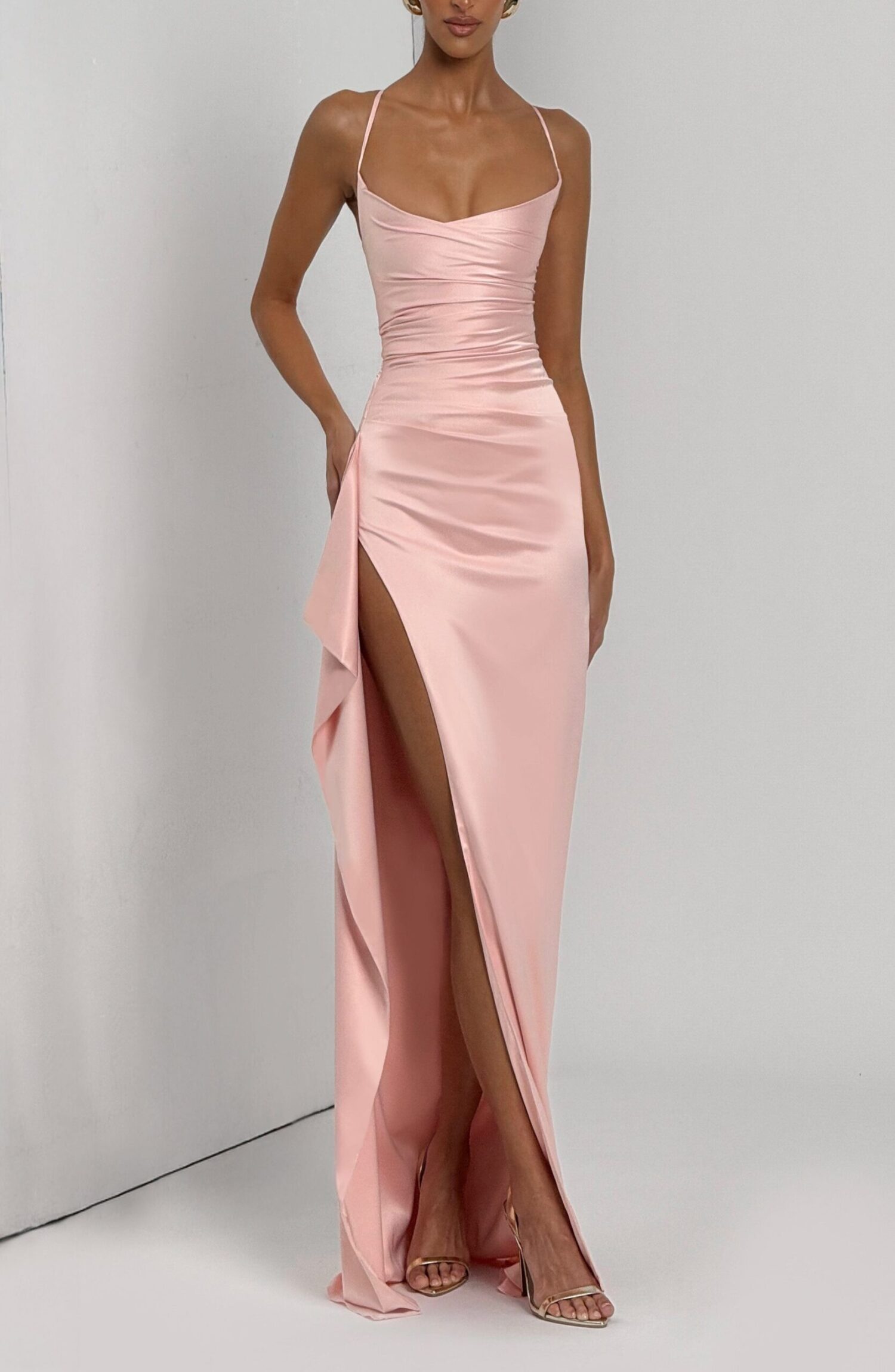 Helen Maxi Dress Blush Stretch Satin Cowl Neck Lace-Up Back - Image 7