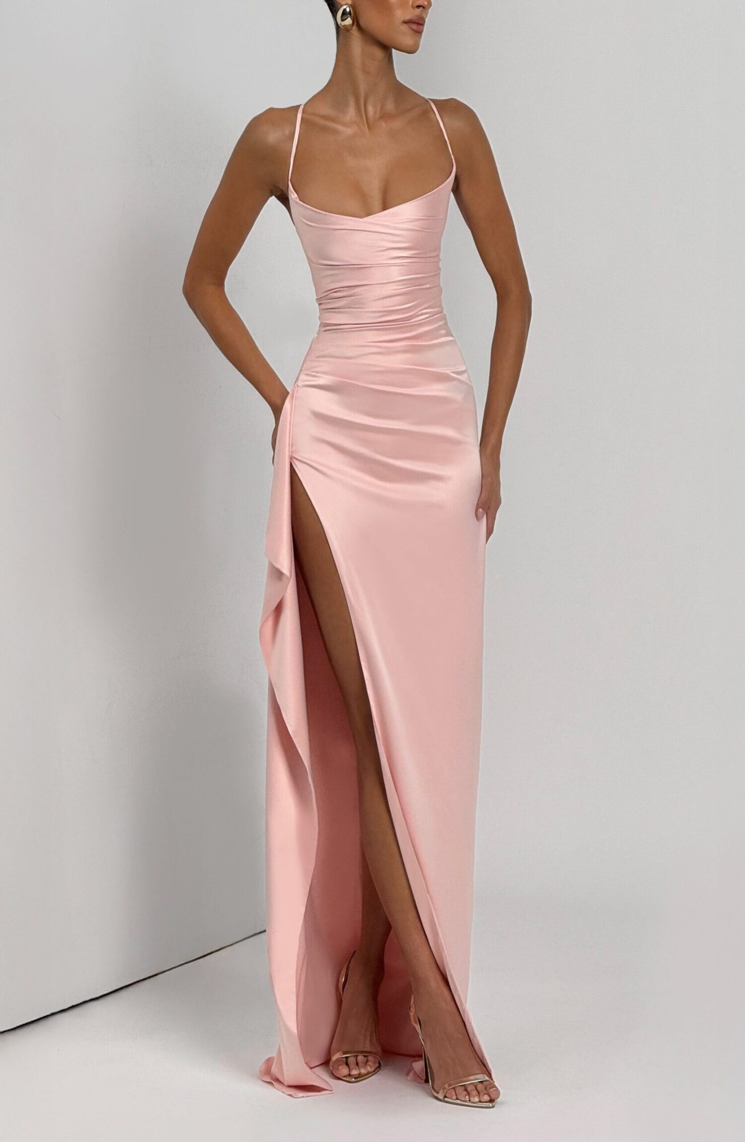 Helen Maxi Dress Blush Stretch Satin Cowl Neck Lace-Up Back - Image 4