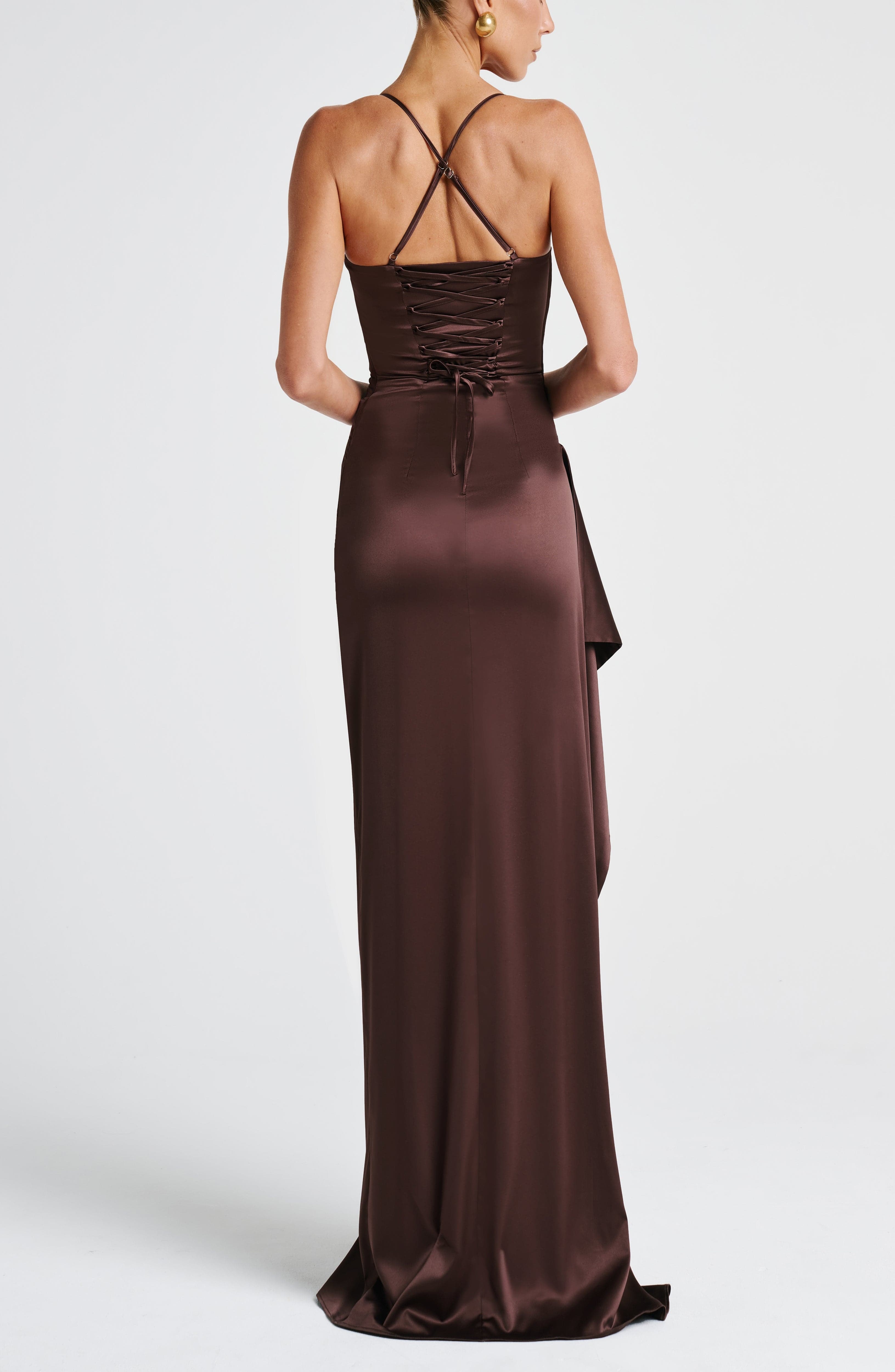 Helen Maxi Dress Plum Brown Stretch Satin Cowl Neck Lace Up Split Gown - Image 3