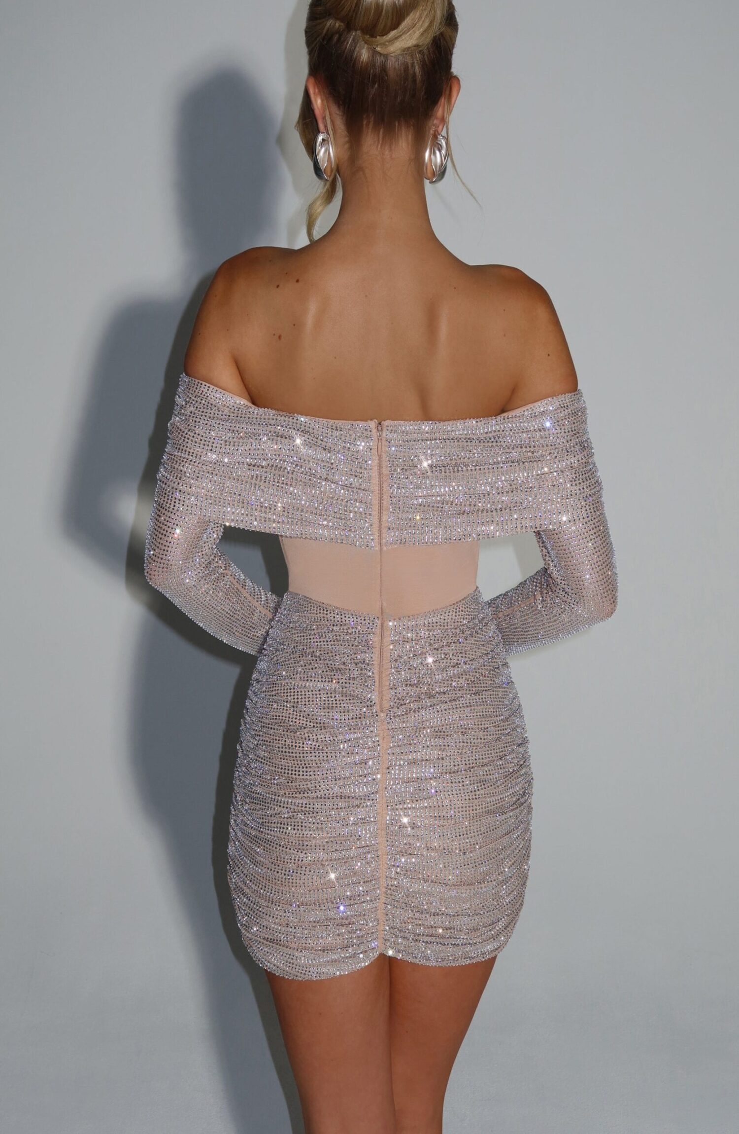 Hydra Mini Dress Nude Rhinestone Bardot Ruched Bodycon Sparkle - Image 5