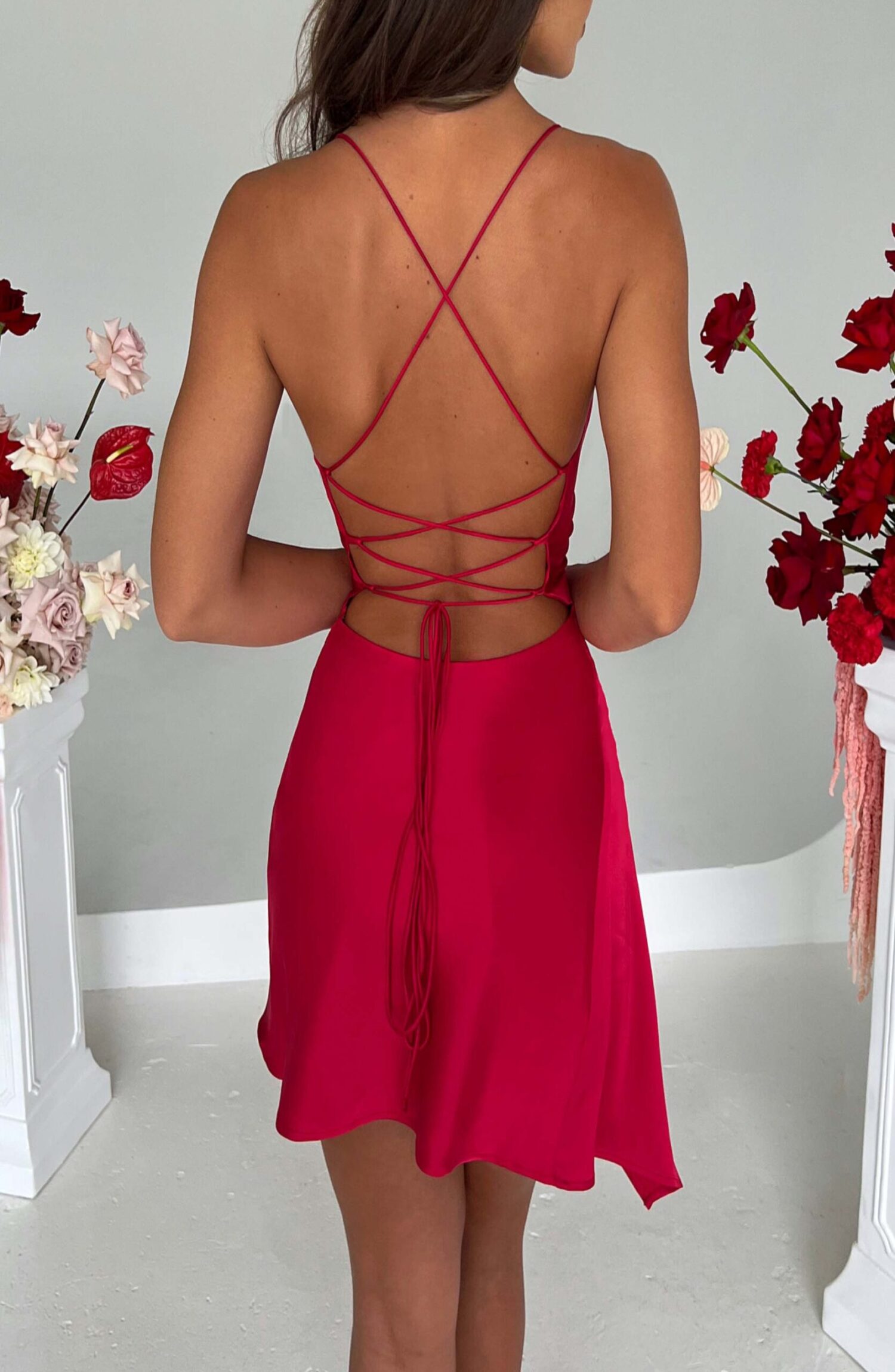 Ilia Red Stretch Satin Backless Cowl Neck Mini Dress - Image 3
