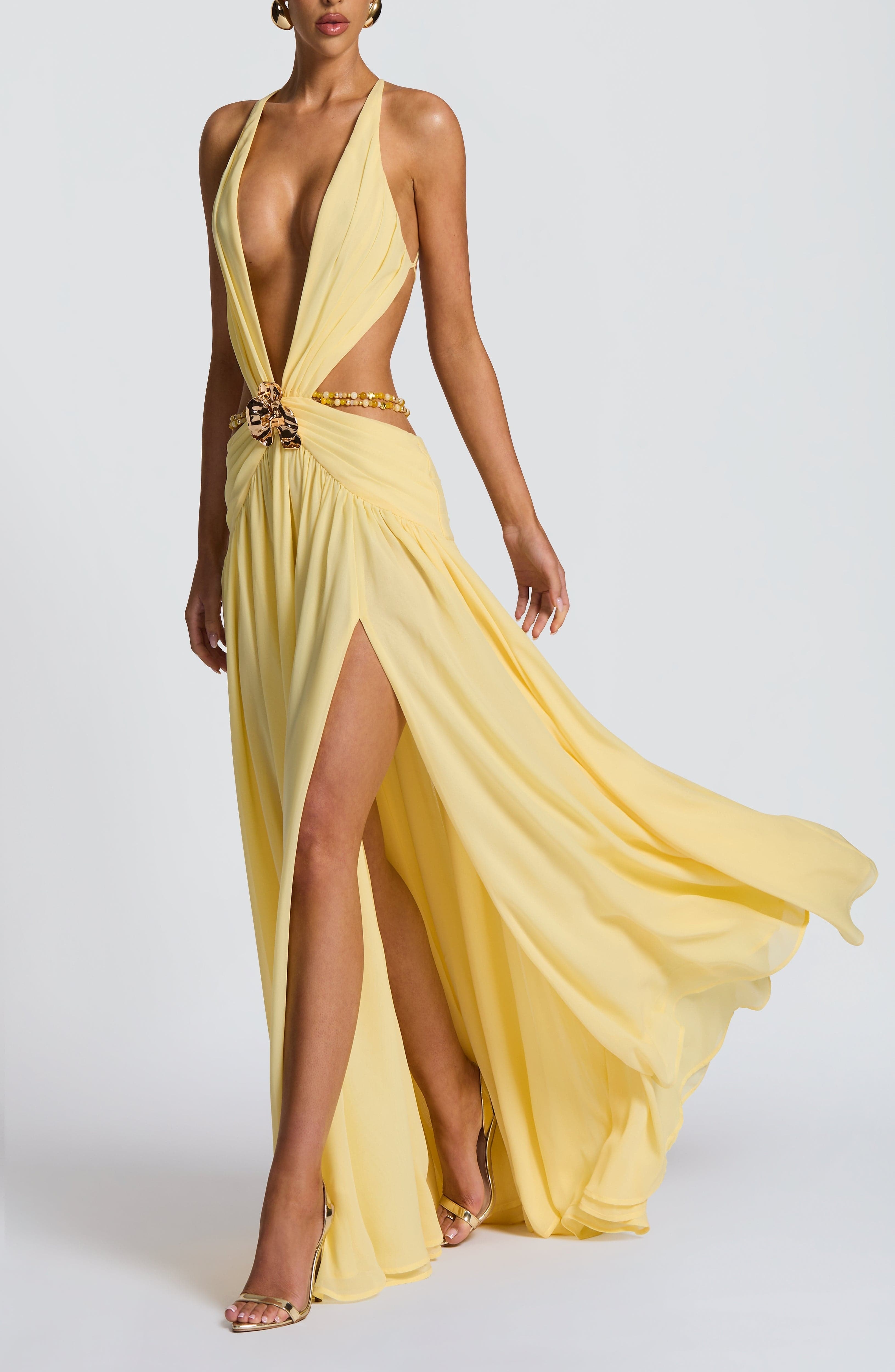 Indianna Maxi Dress Lemon Chiffon Plunge Neck Orchid Brooch Backless - Image 2