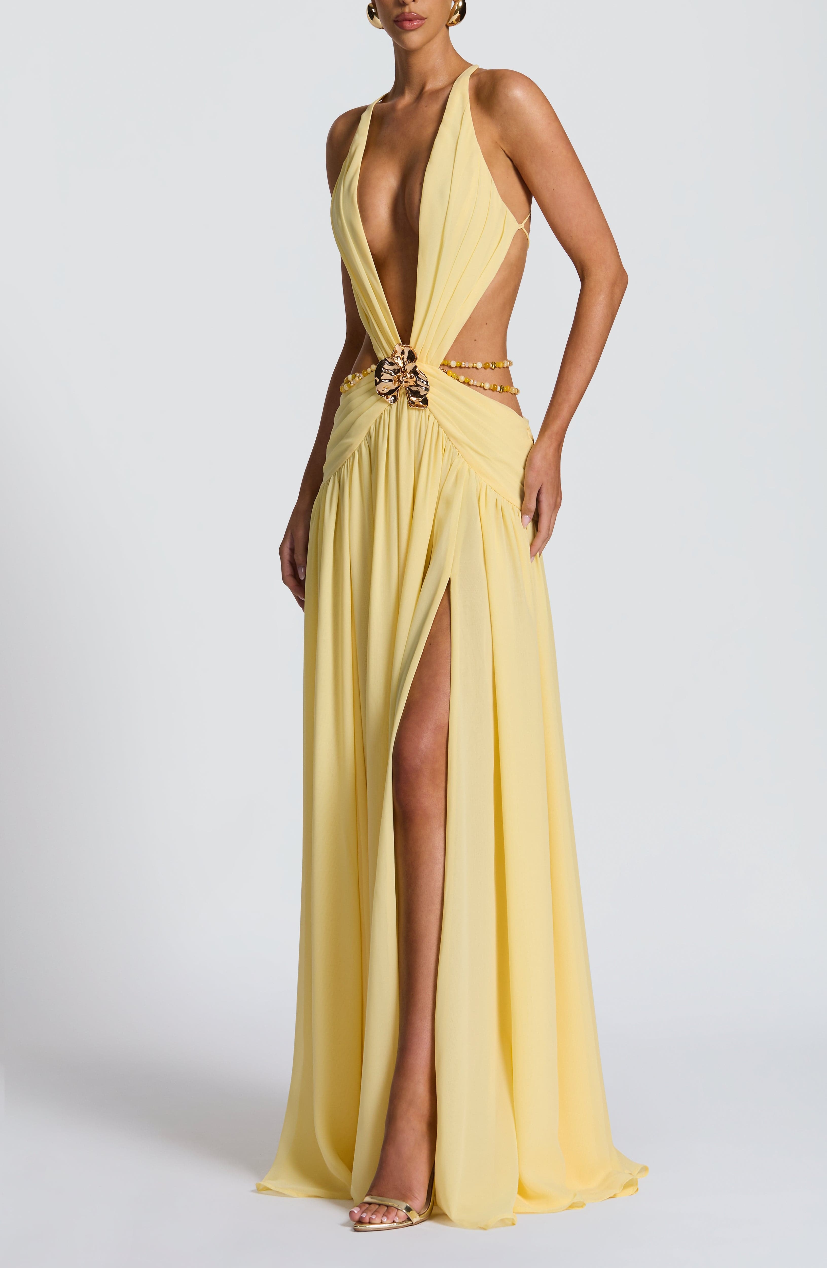 Indianna Maxi Dress Lemon Chiffon Plunge Neck Orchid Brooch Backless - Image 8