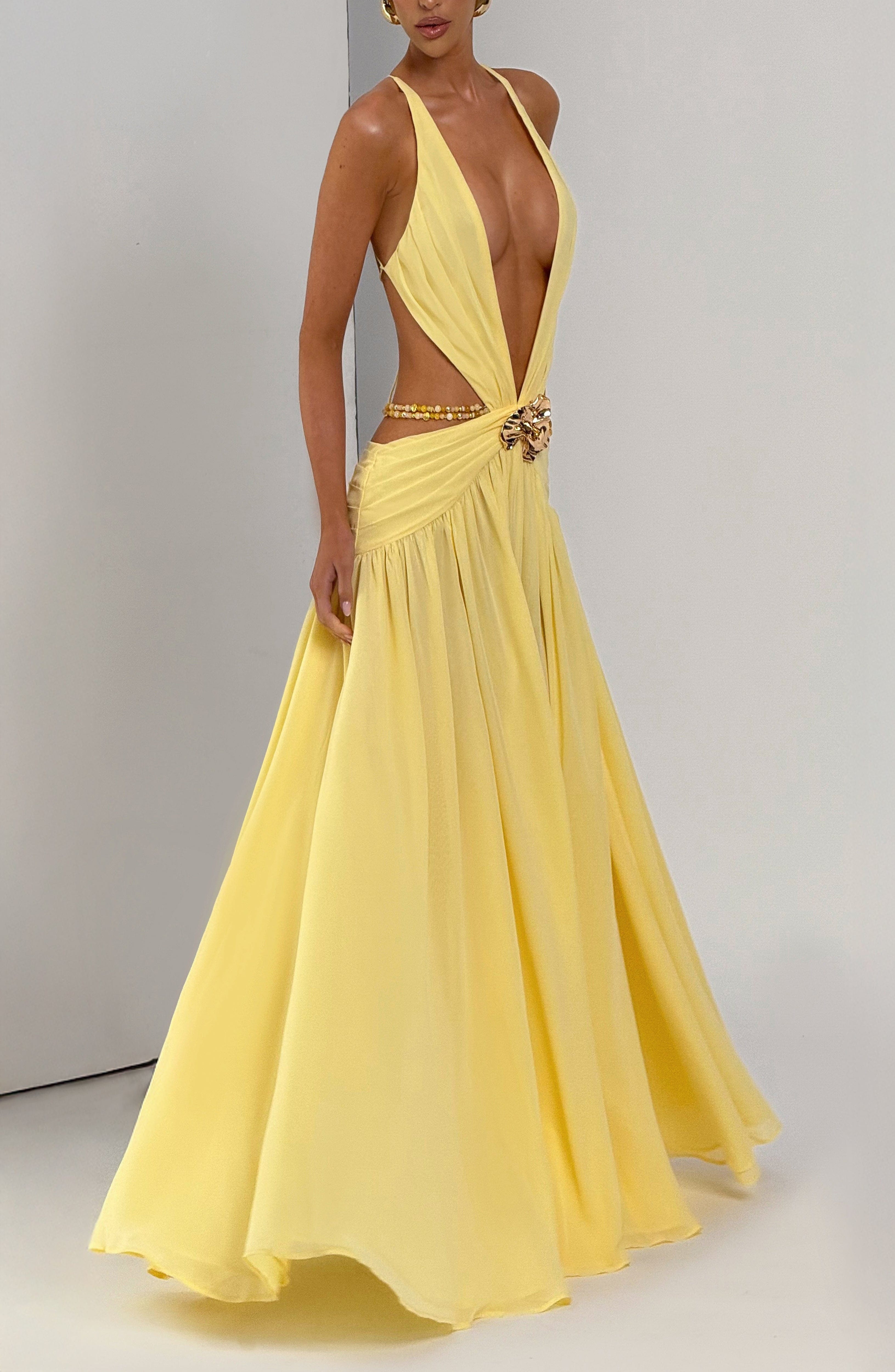 Indianna Maxi Dress Lemon Chiffon Plunge Neck Orchid Brooch Backless - Image 5
