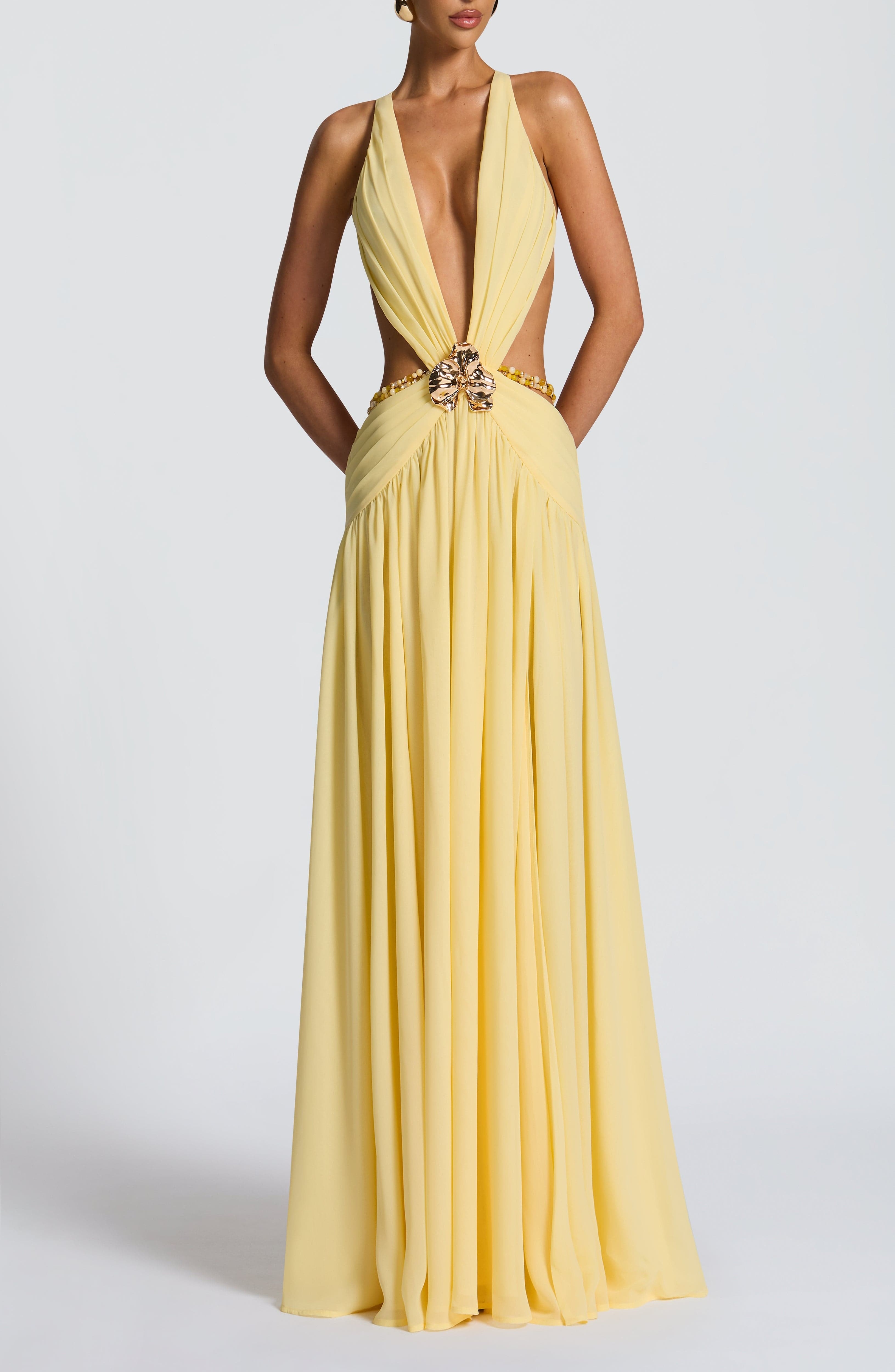 Indianna Maxi Dress Lemon Chiffon Plunge Neck Orchid Brooch Backless - Image 9
