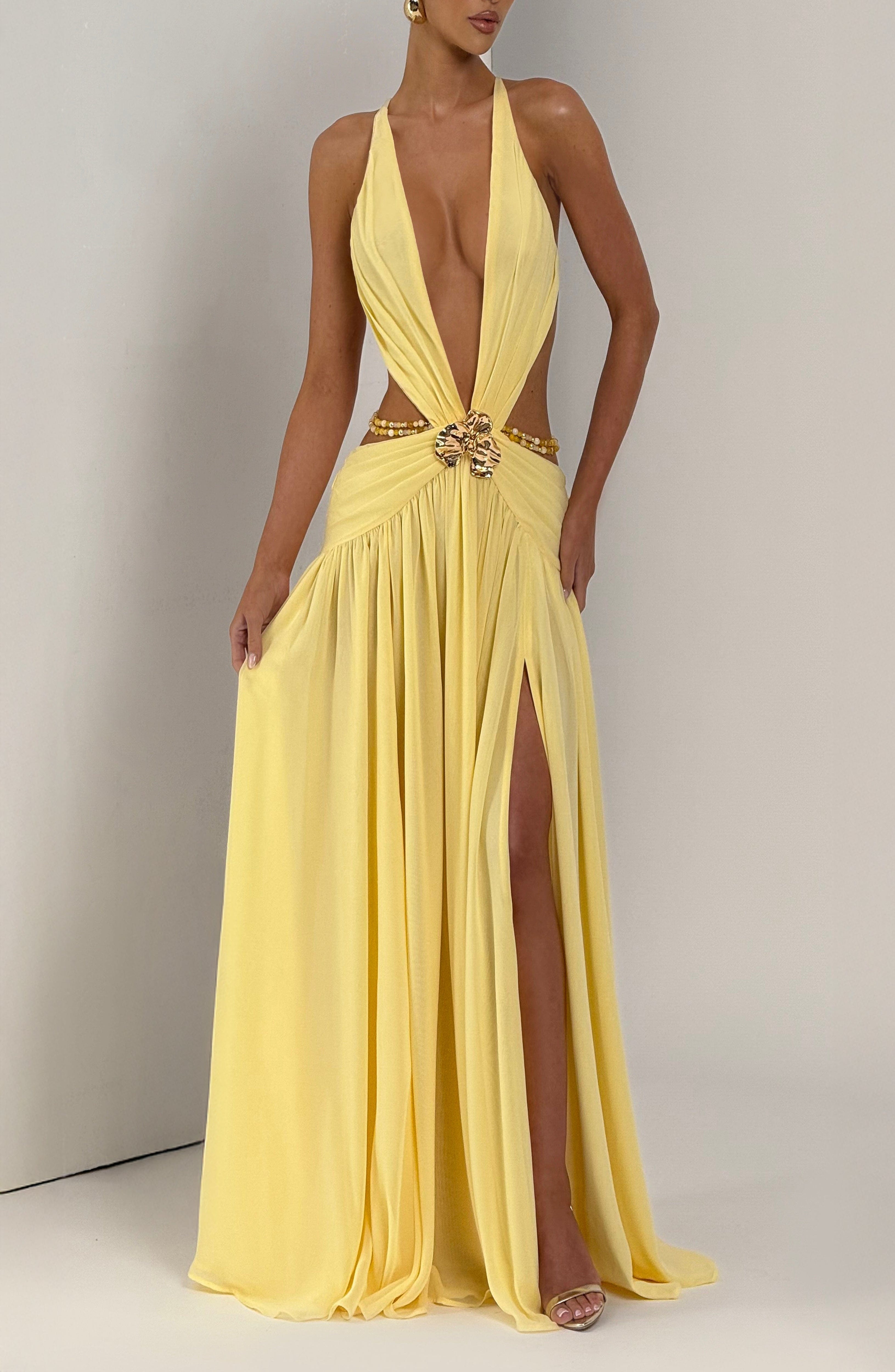 Indianna Maxi Dress Lemon Chiffon Plunge Neck Orchid Brooch Backless - Image 6