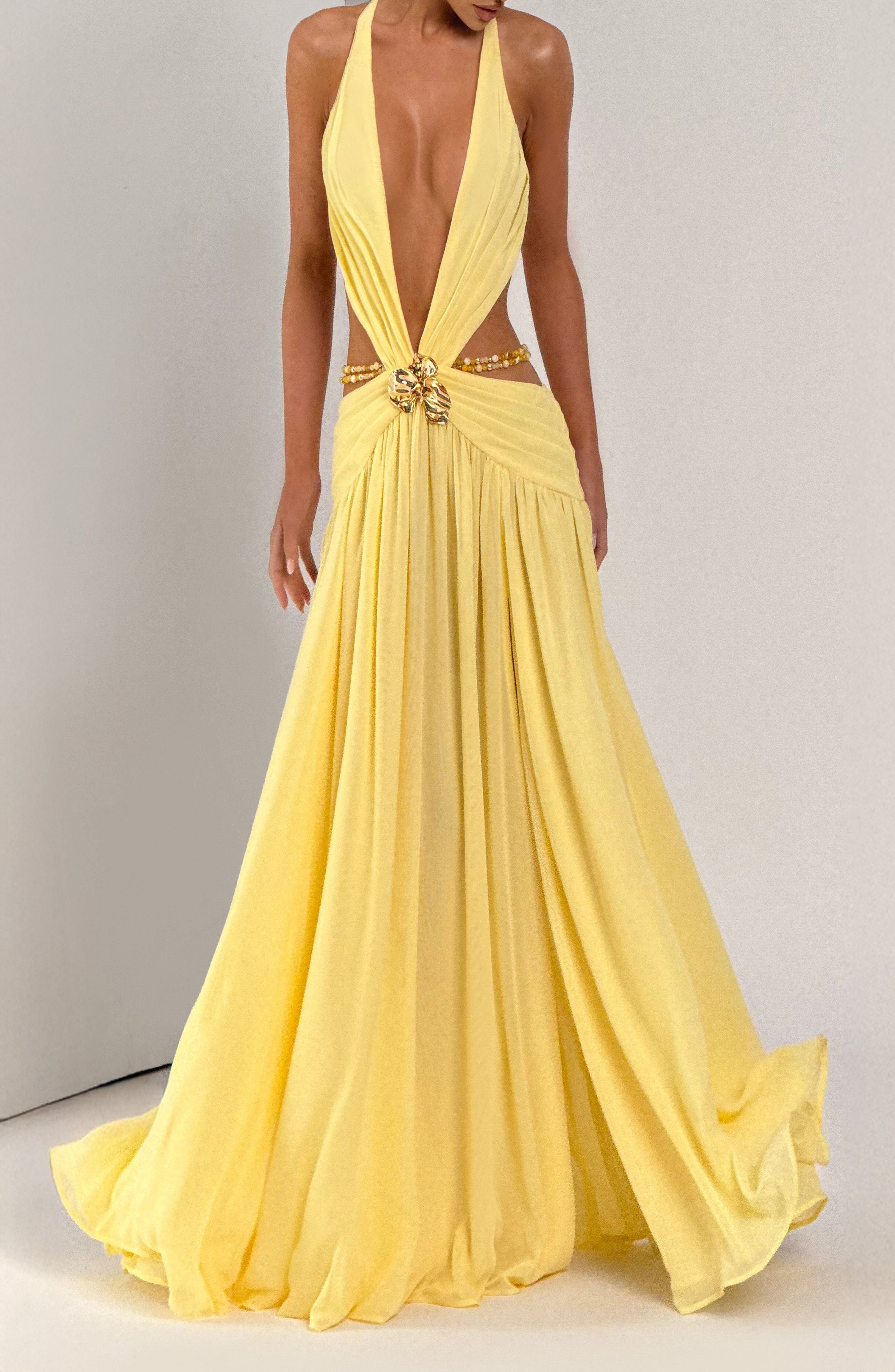 Indianna Maxi Dress Lemon Chiffon Plunge Neck Orchid Brooch Backless - Image 4