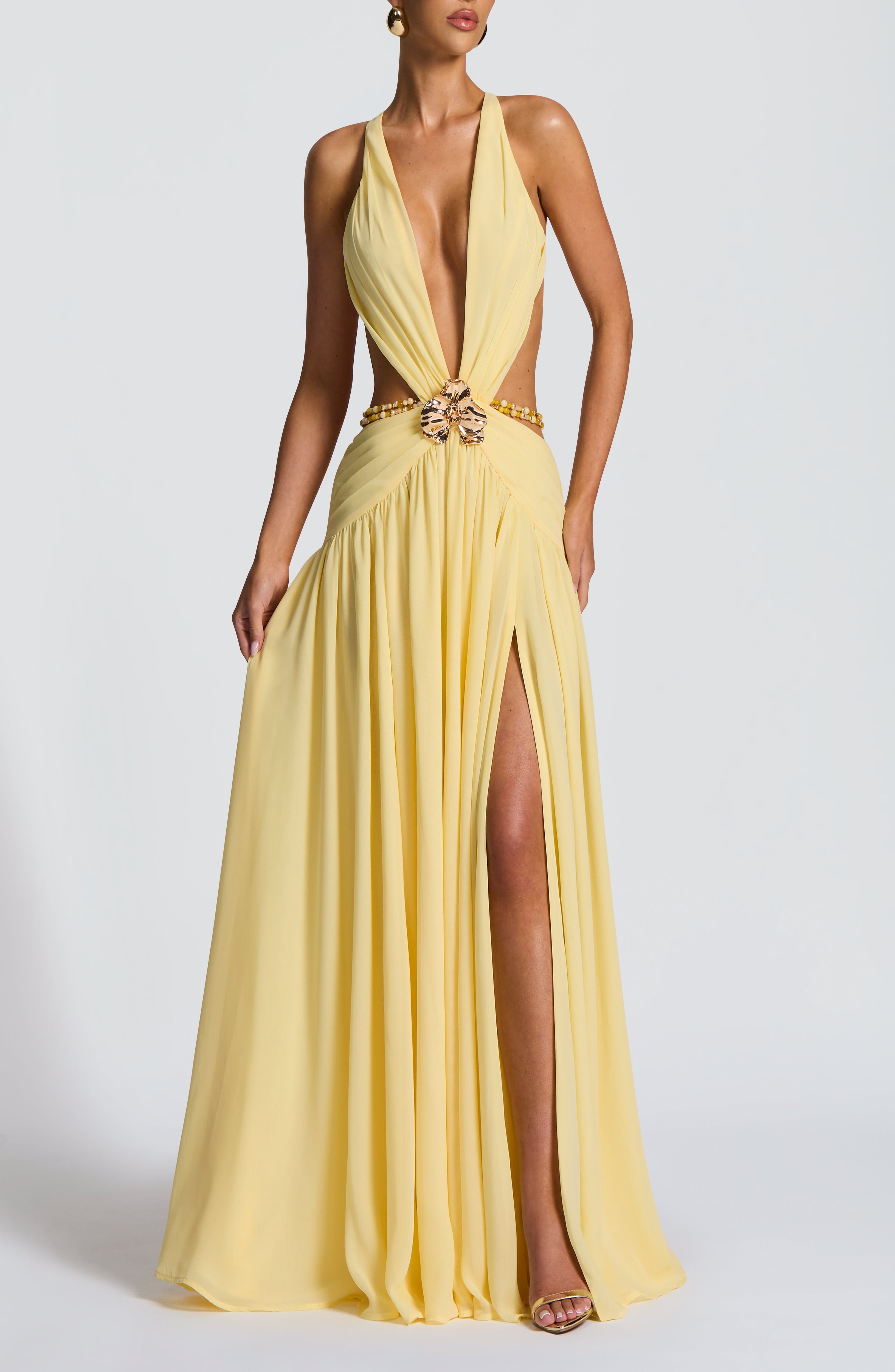 Indianna Maxi Dress Lemon Chiffon Plunge Neck Orchid Brooch Backless