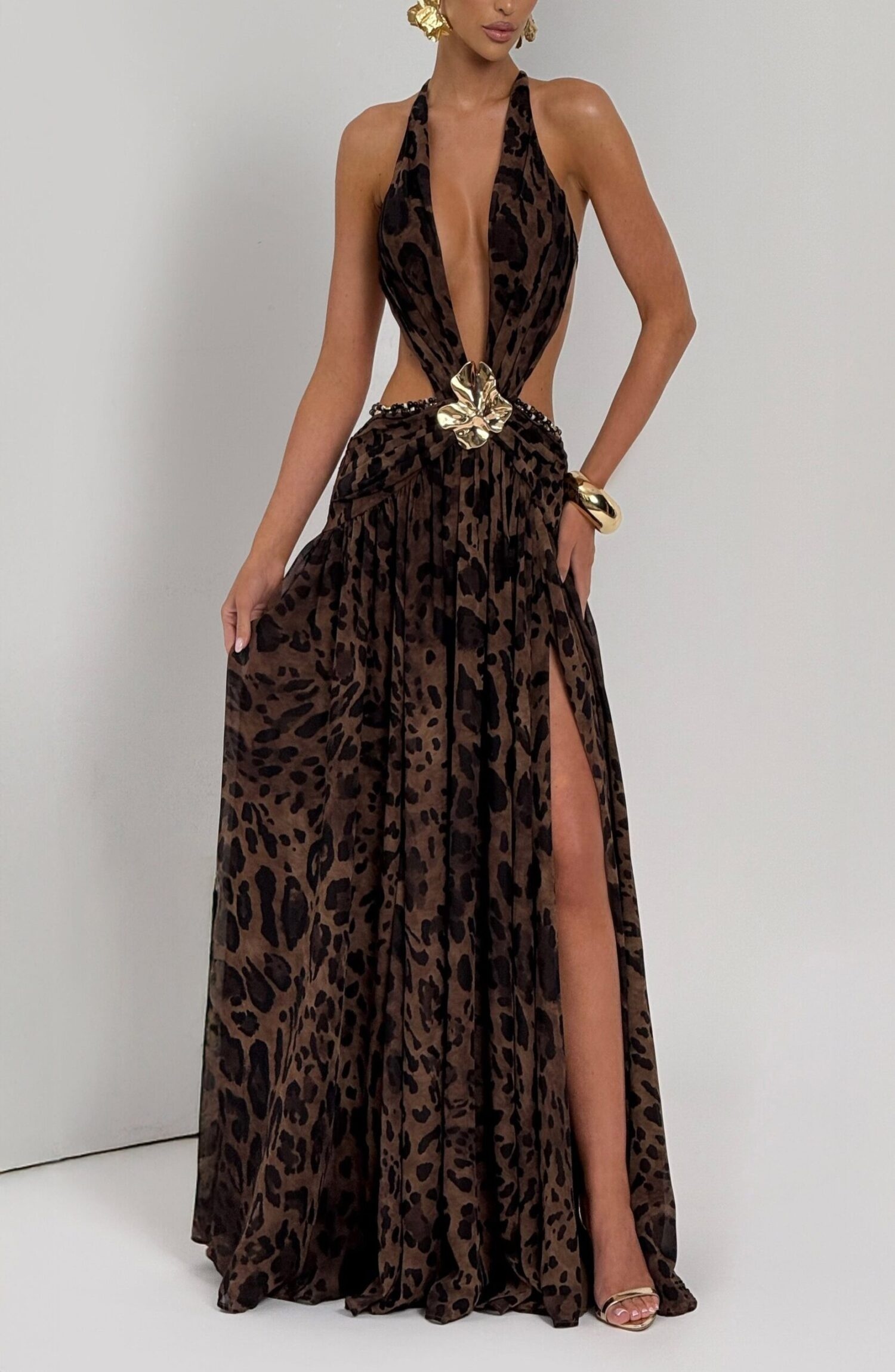 Indianna Maxi Dress Leopard Print Plunge Neckline Backless Crossover Straps - Image 11