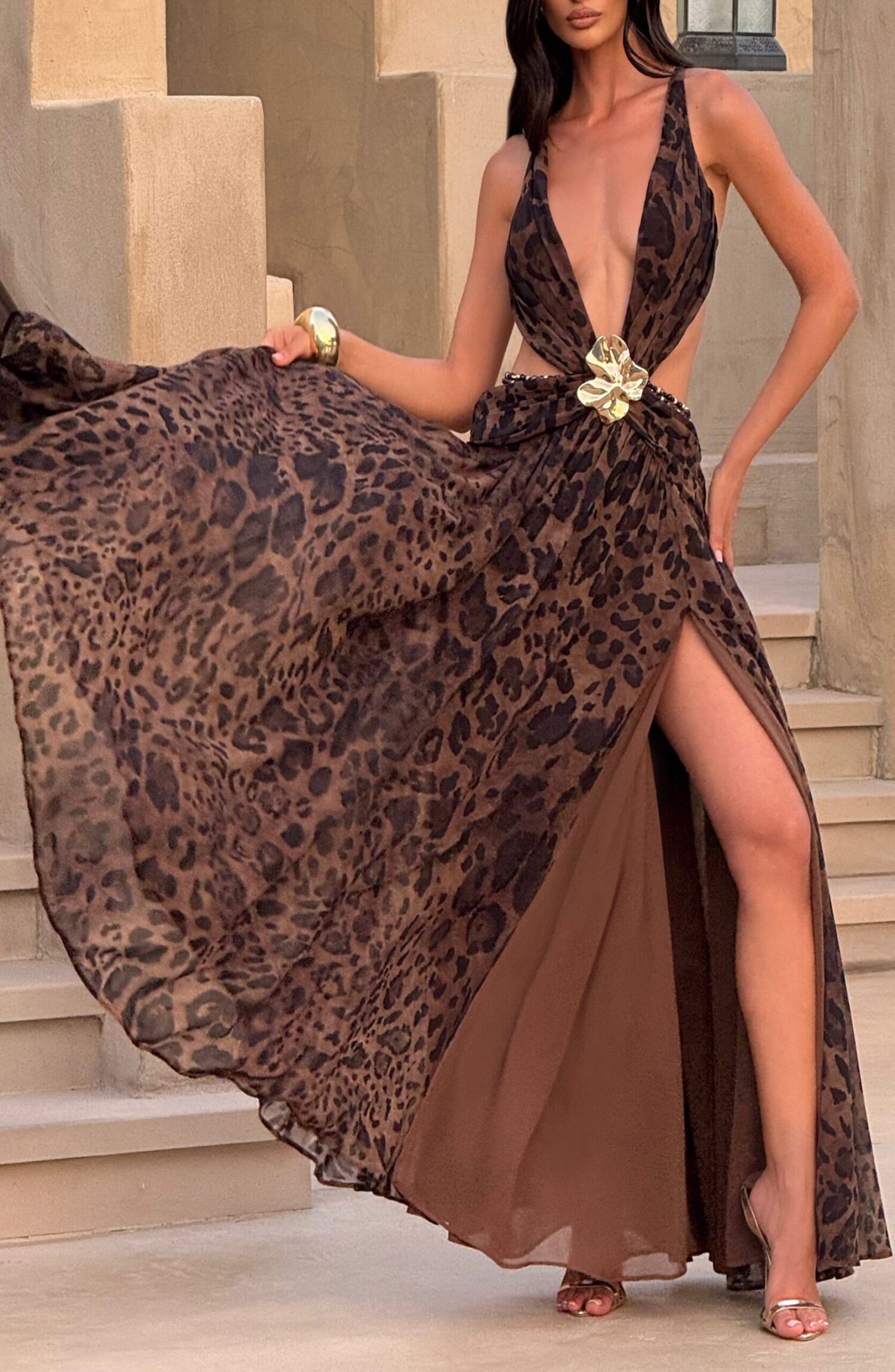 Indianna Maxi Dress Leopard Print Plunge Neckline Backless Crossover Straps