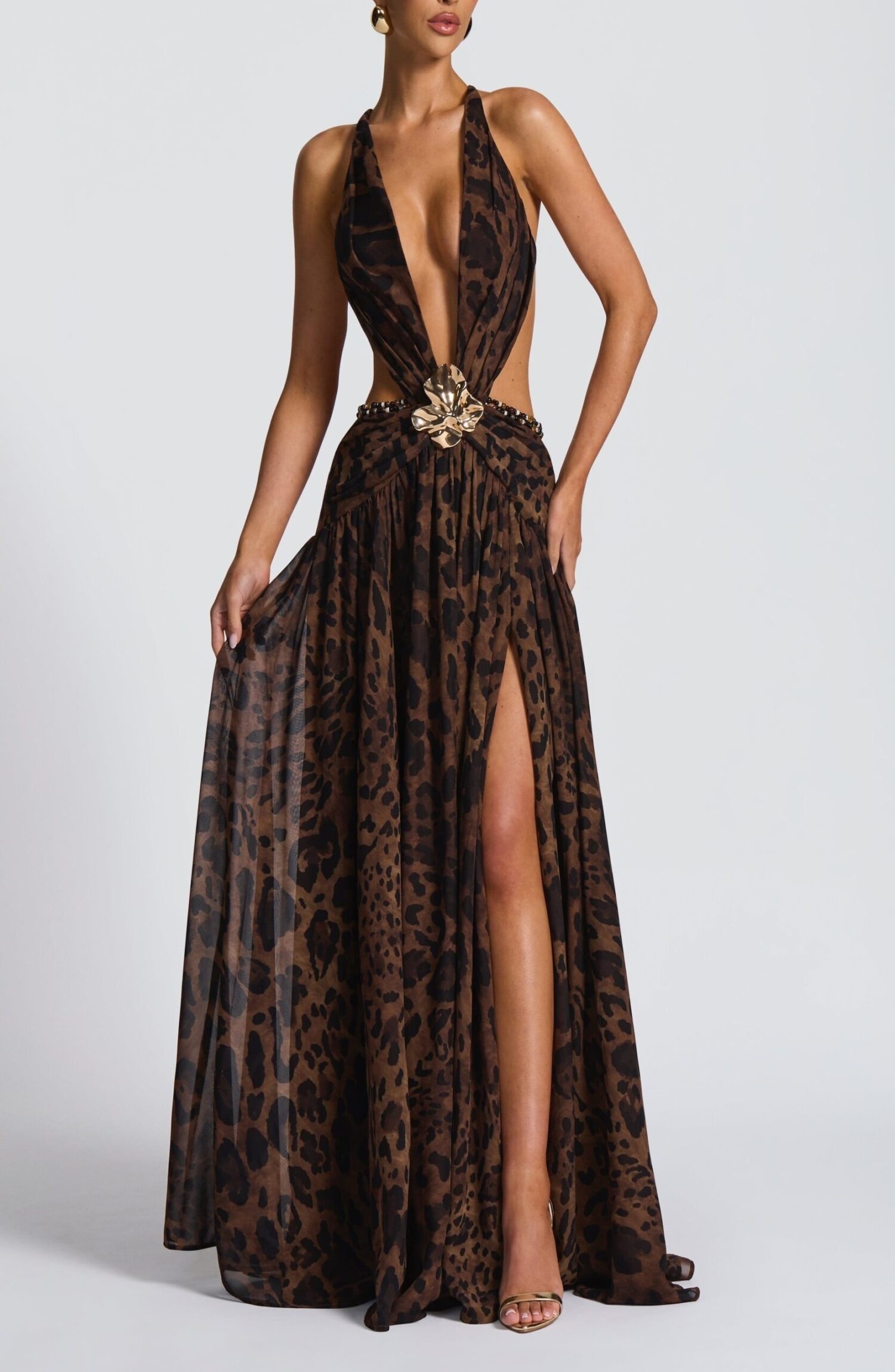 Indianna Maxi Dress Leopard Print Plunge Neckline Backless Crossover Straps - Image 14