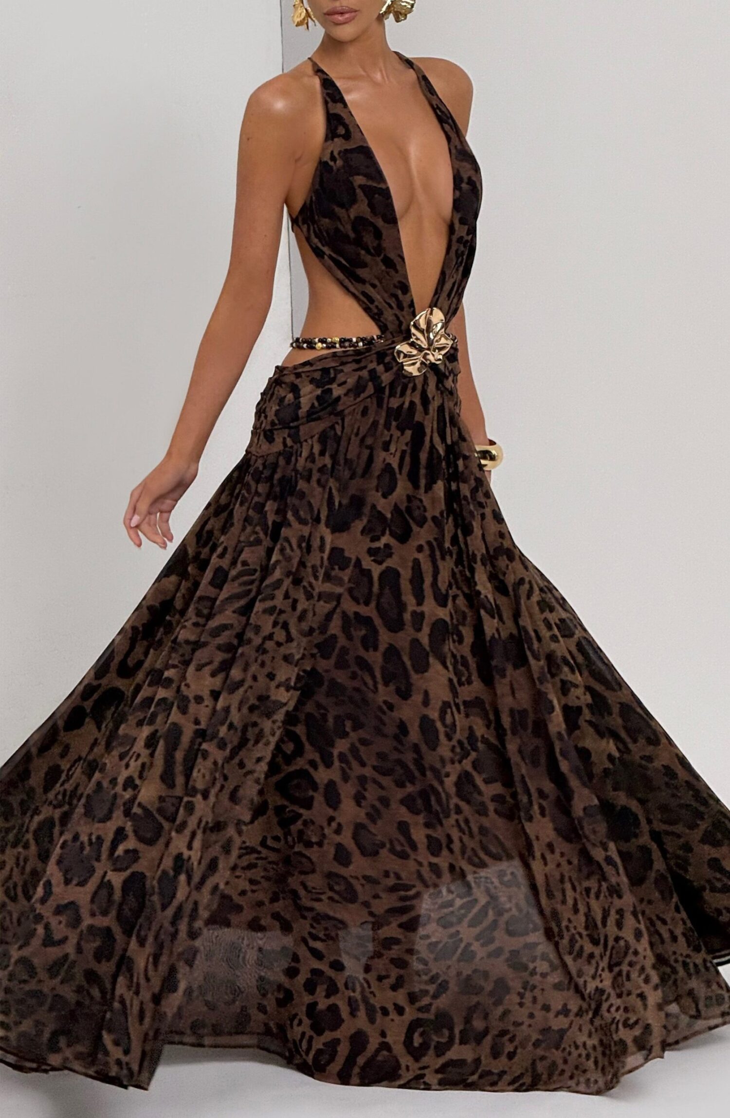 Indianna Maxi Dress Leopard Print Plunge Neckline Backless Crossover Straps - Image 10