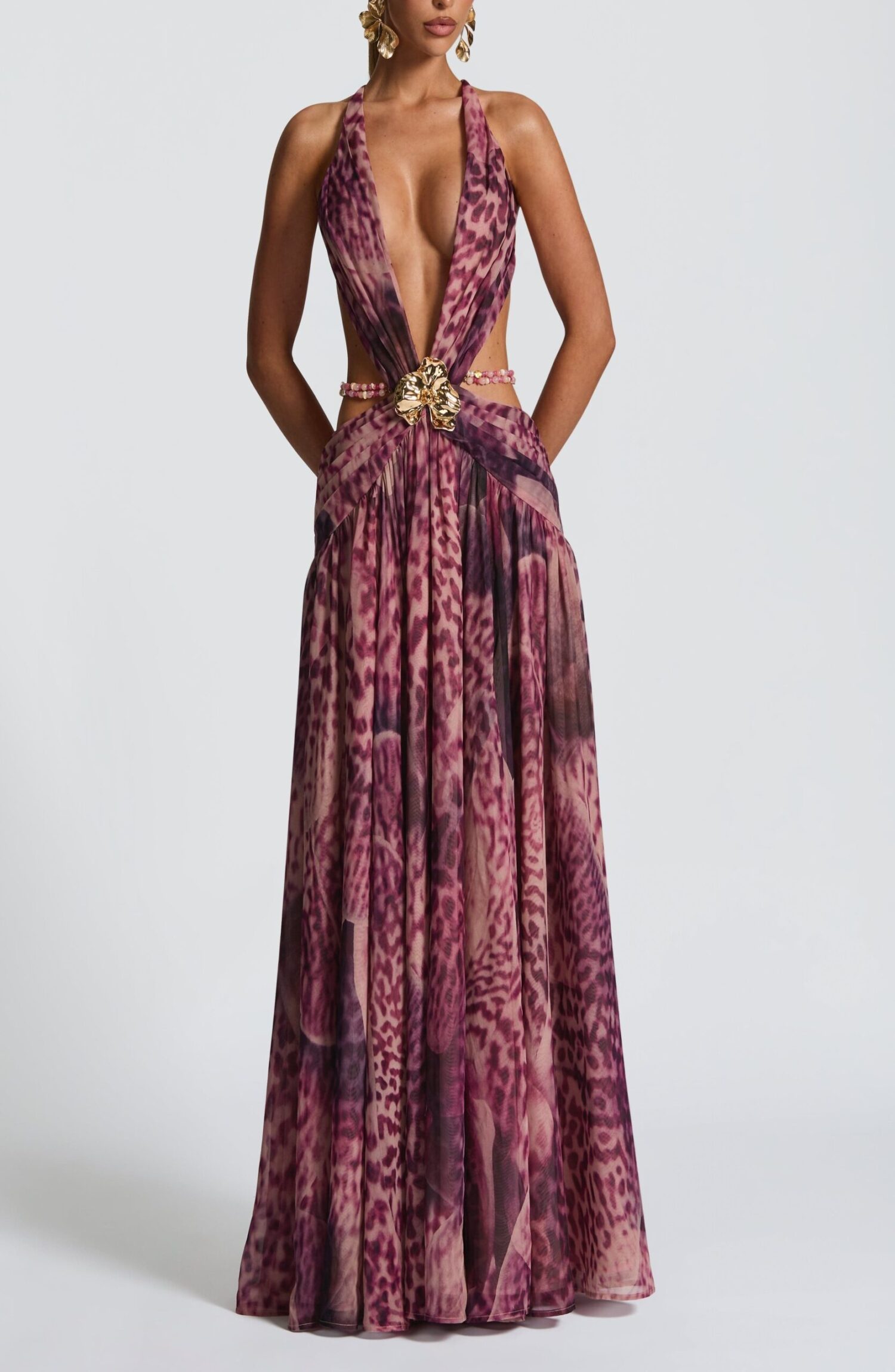 Indianna Maxi Dress Magenta Orchid Print Plunge Neck Backless Chiffon - Image 7