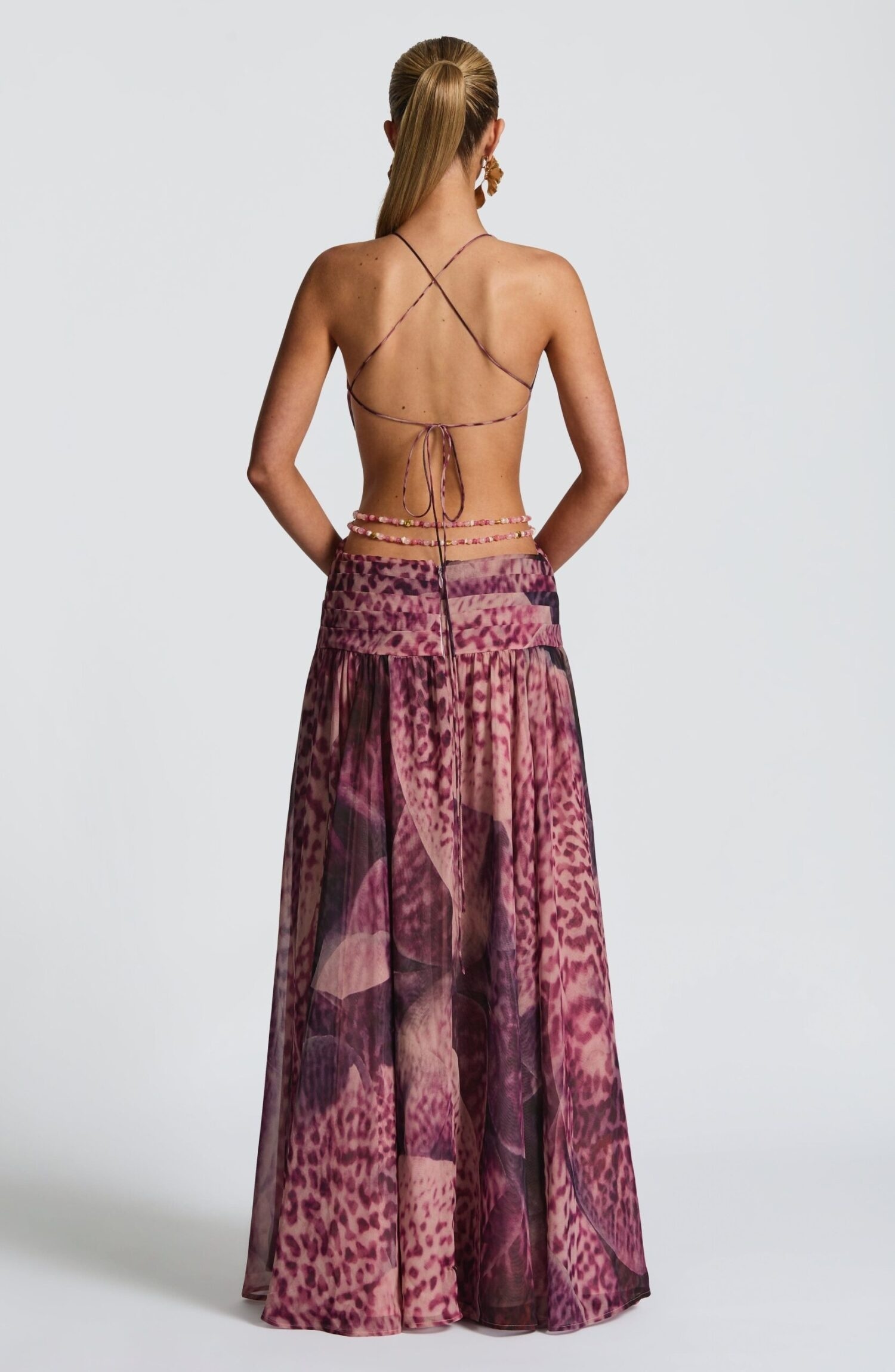 Indianna Maxi Dress Magenta Orchid Print Plunge Neck Backless Chiffon - Image 5