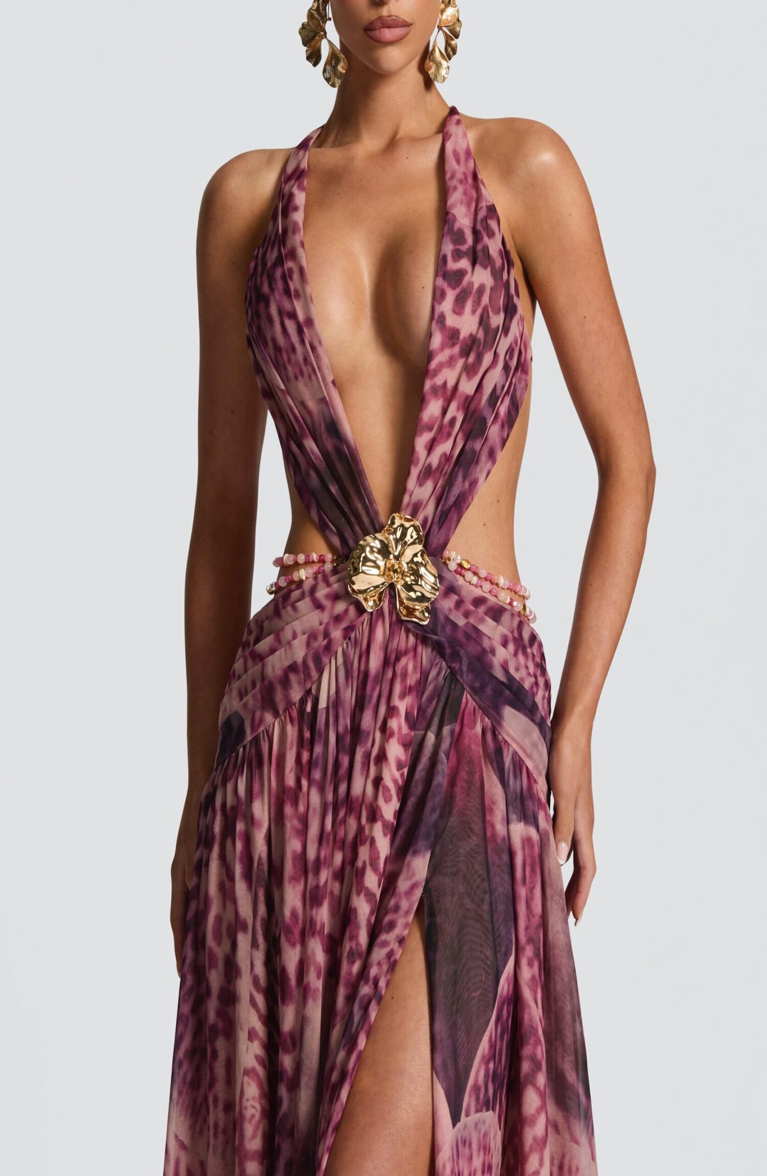 Indianna Maxi Dress Magenta Orchid Print Plunge Neck Backless Chiffon - Image 8