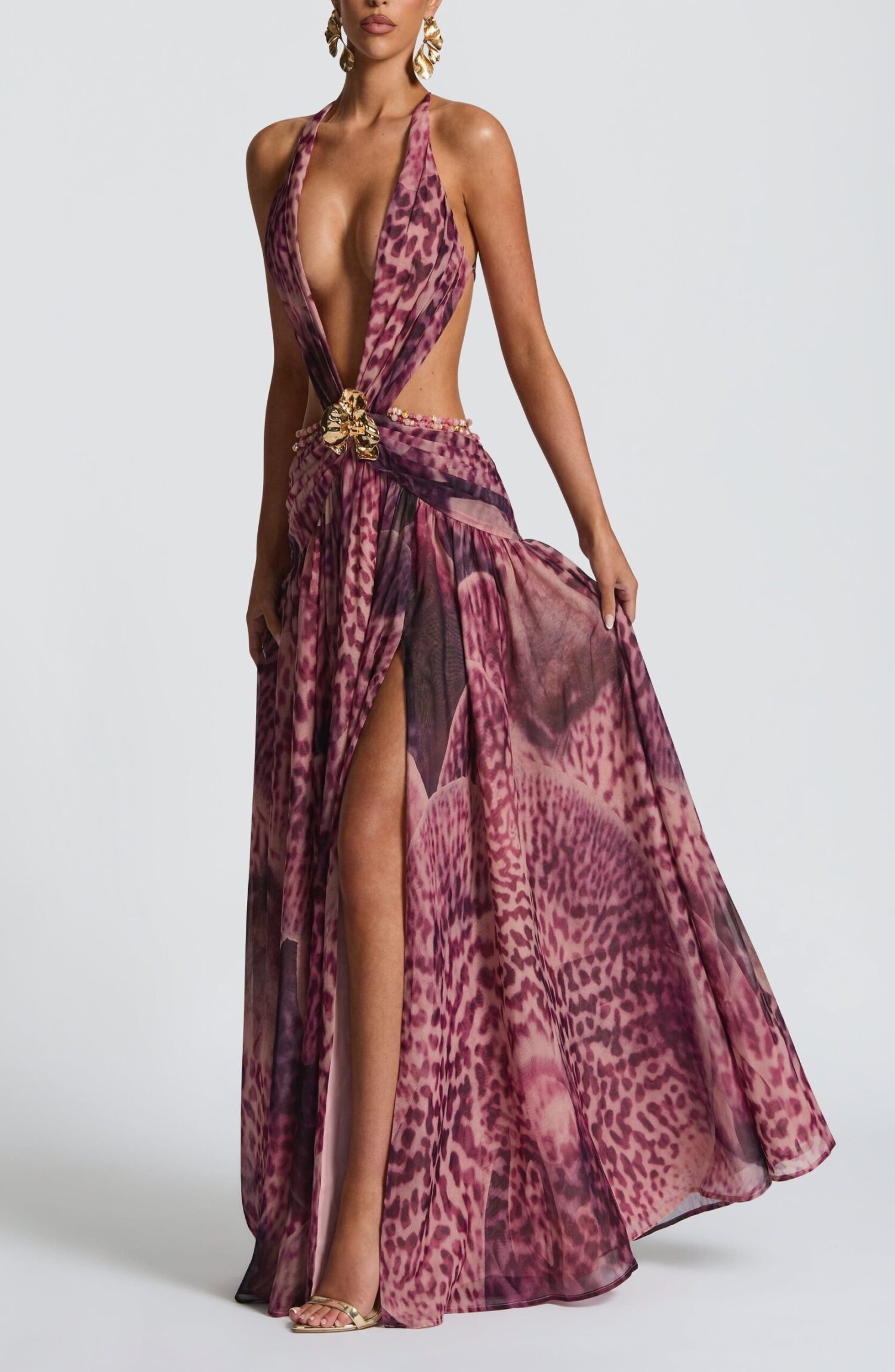Indianna Maxi Dress Magenta Orchid Print Plunge Neck Backless Chiffon - Image 11