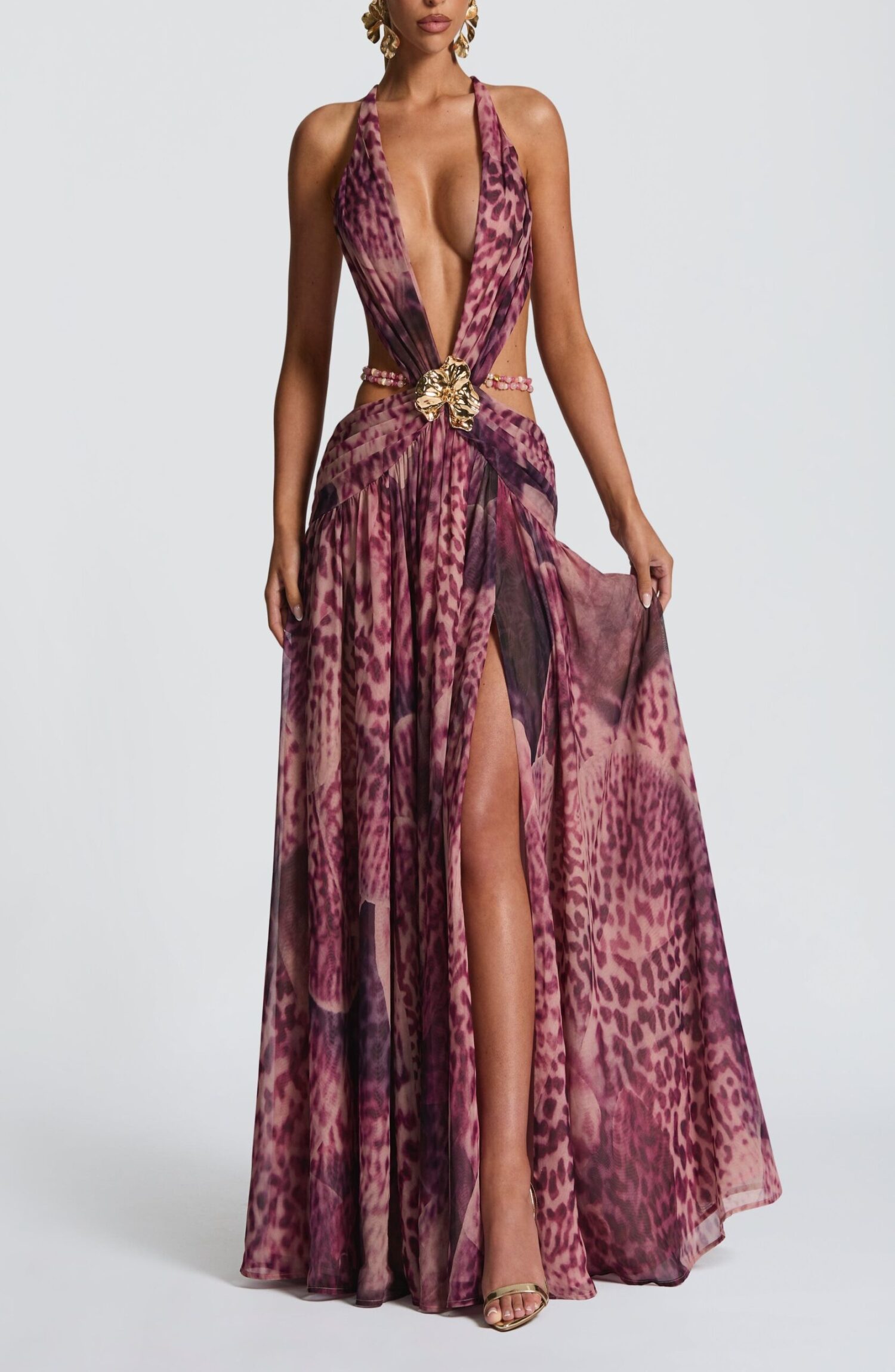 Indianna Maxi Dress Magenta Orchid Print Plunge Neck Backless Chiffon - Image 2