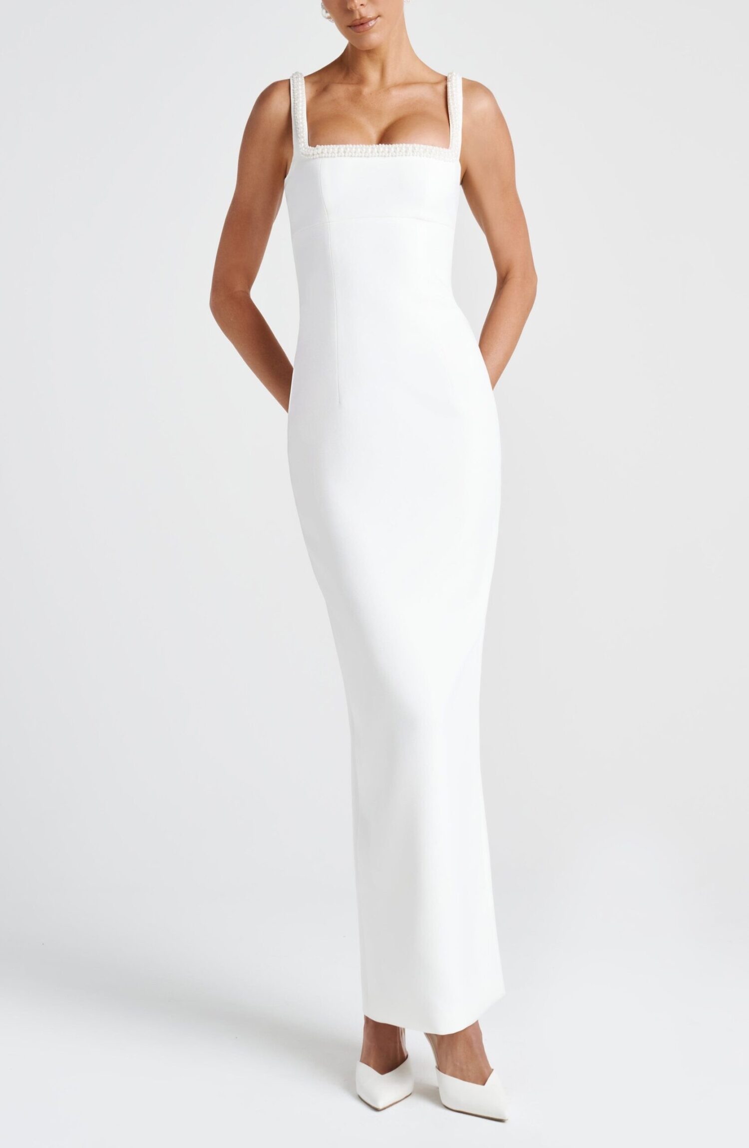 Ines Ivory Pearl Trim Square Neck Midaxi Dress - Image 9