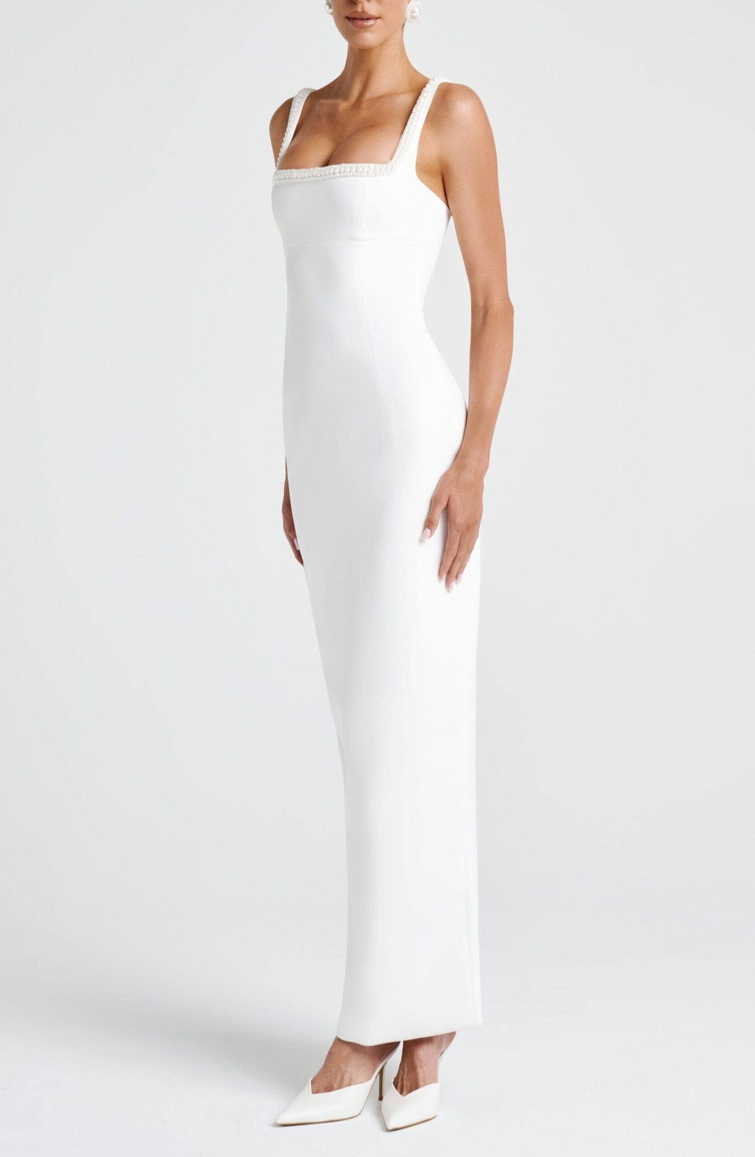 Ines Ivory Pearl Trim Square Neck Midaxi Dress - Image 5