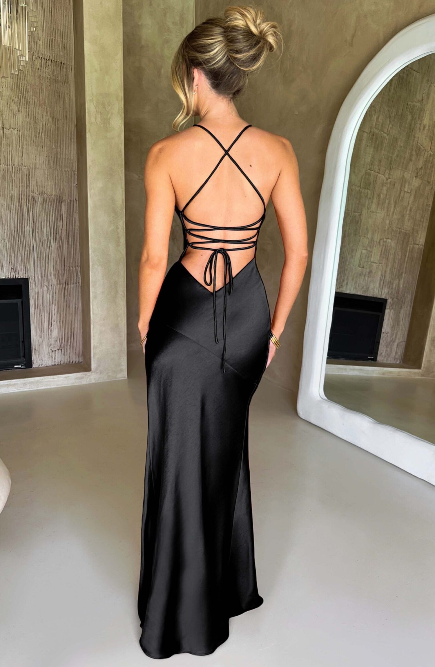 Isobel Black Satin Plunge Neck Maxi Dress with Thigh Split - Image 2