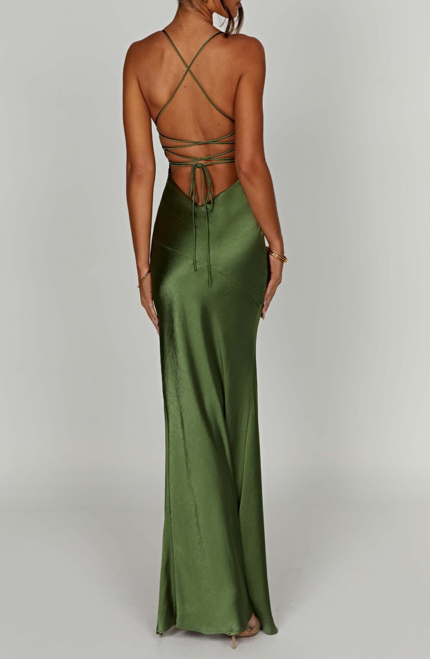 Isobel Emerald Maxi Dress - Satin Plunge Tie Back Split - Image 9