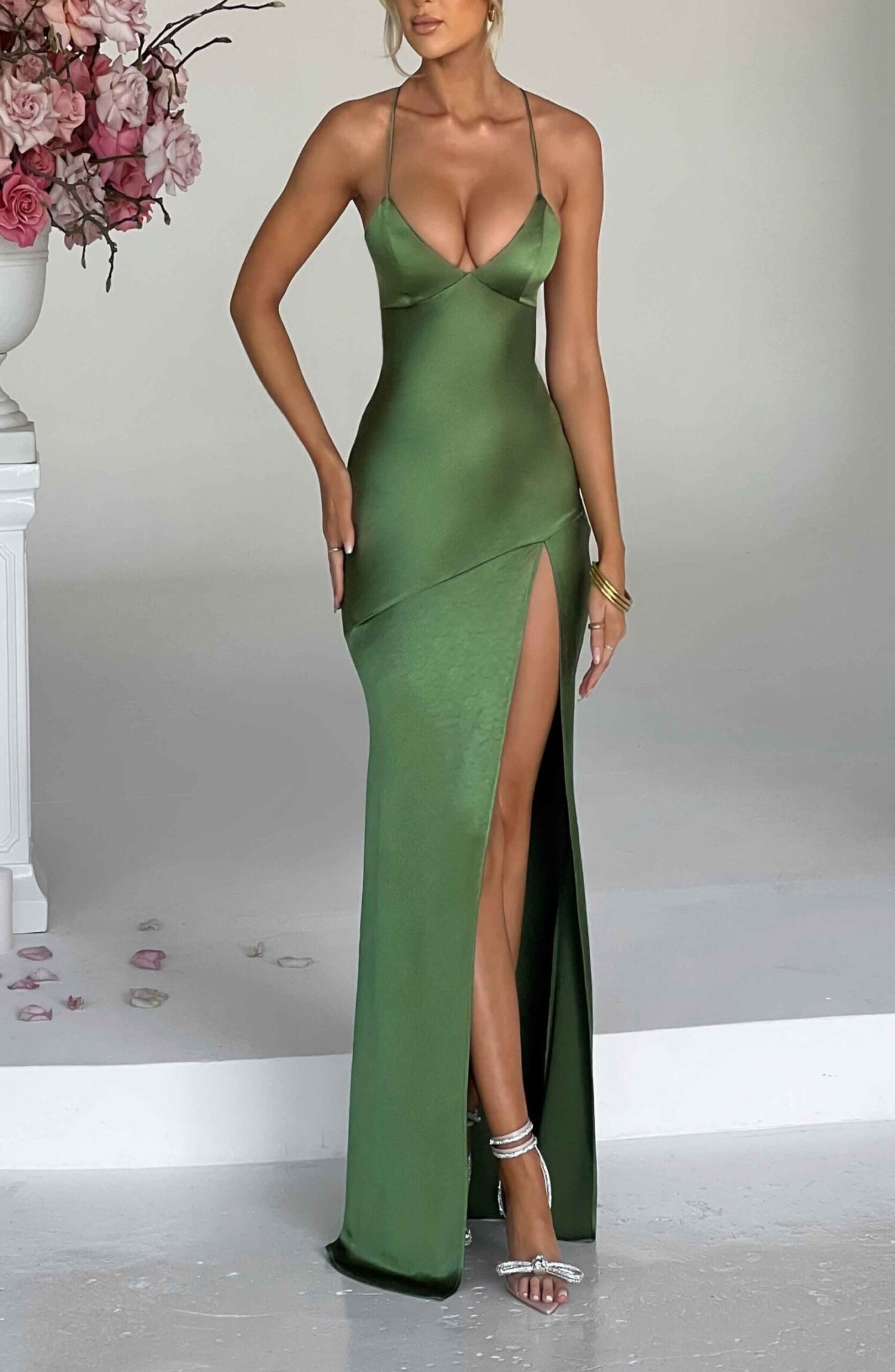 Isobel Emerald Maxi Dress - Satin Plunge Tie Back Split - Image 7