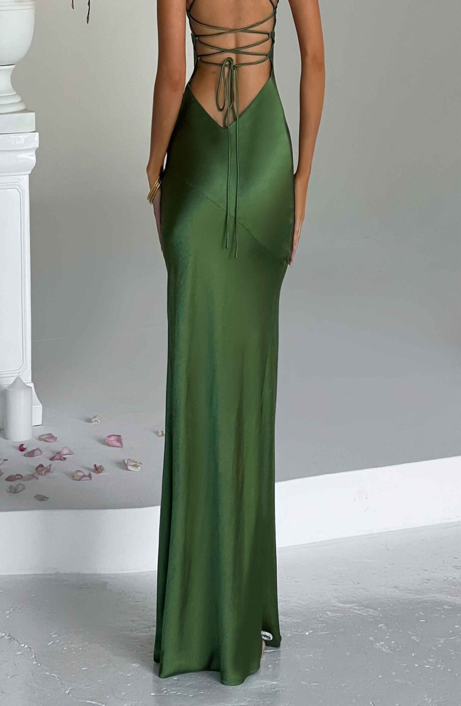 Isobel Emerald Maxi Dress - Satin Plunge Tie Back Split - Image 3