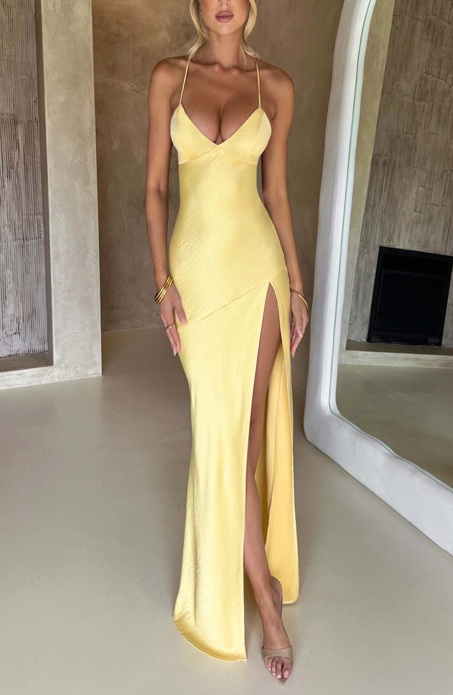 Isobel Lemon Maxi Dress - Soft Satin, Plunge Neck, Low Back - Image 3