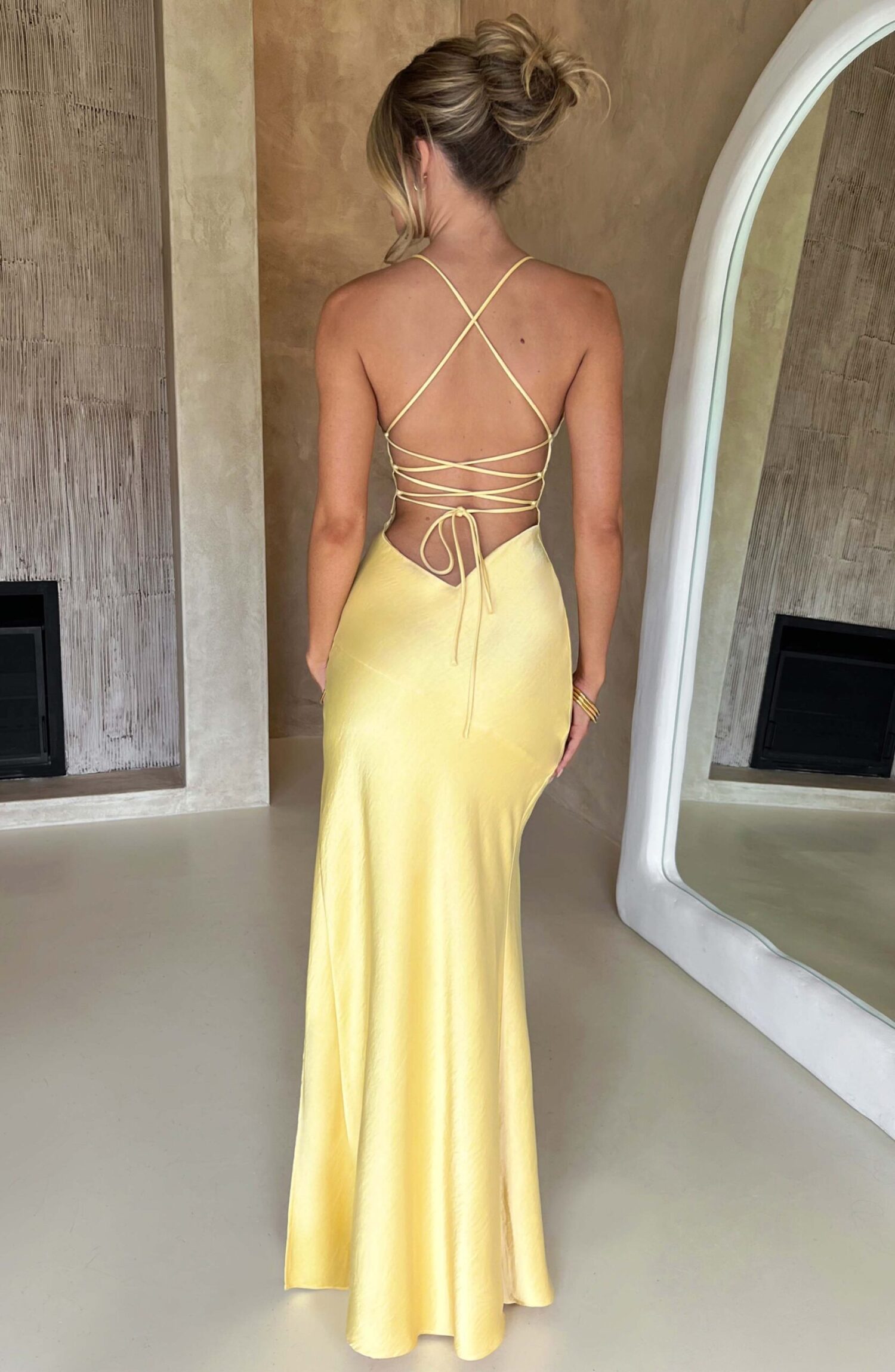 Isobel Lemon Maxi Dress - Soft Satin, Plunge Neck, Low Back - Image 2