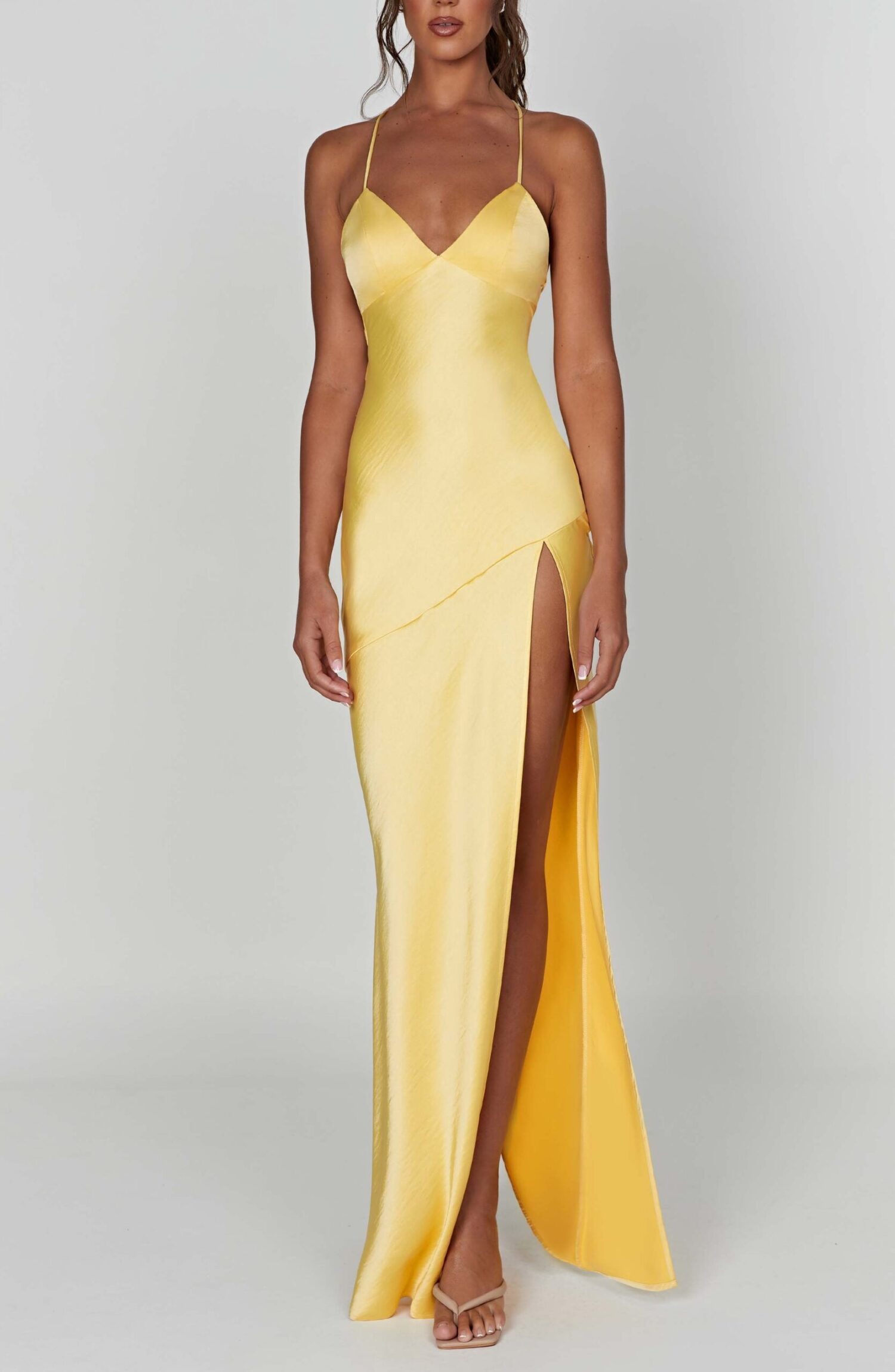 Isobel Lemon Maxi Dress - Soft Satin, Plunge Neck, Low Back - Image 7