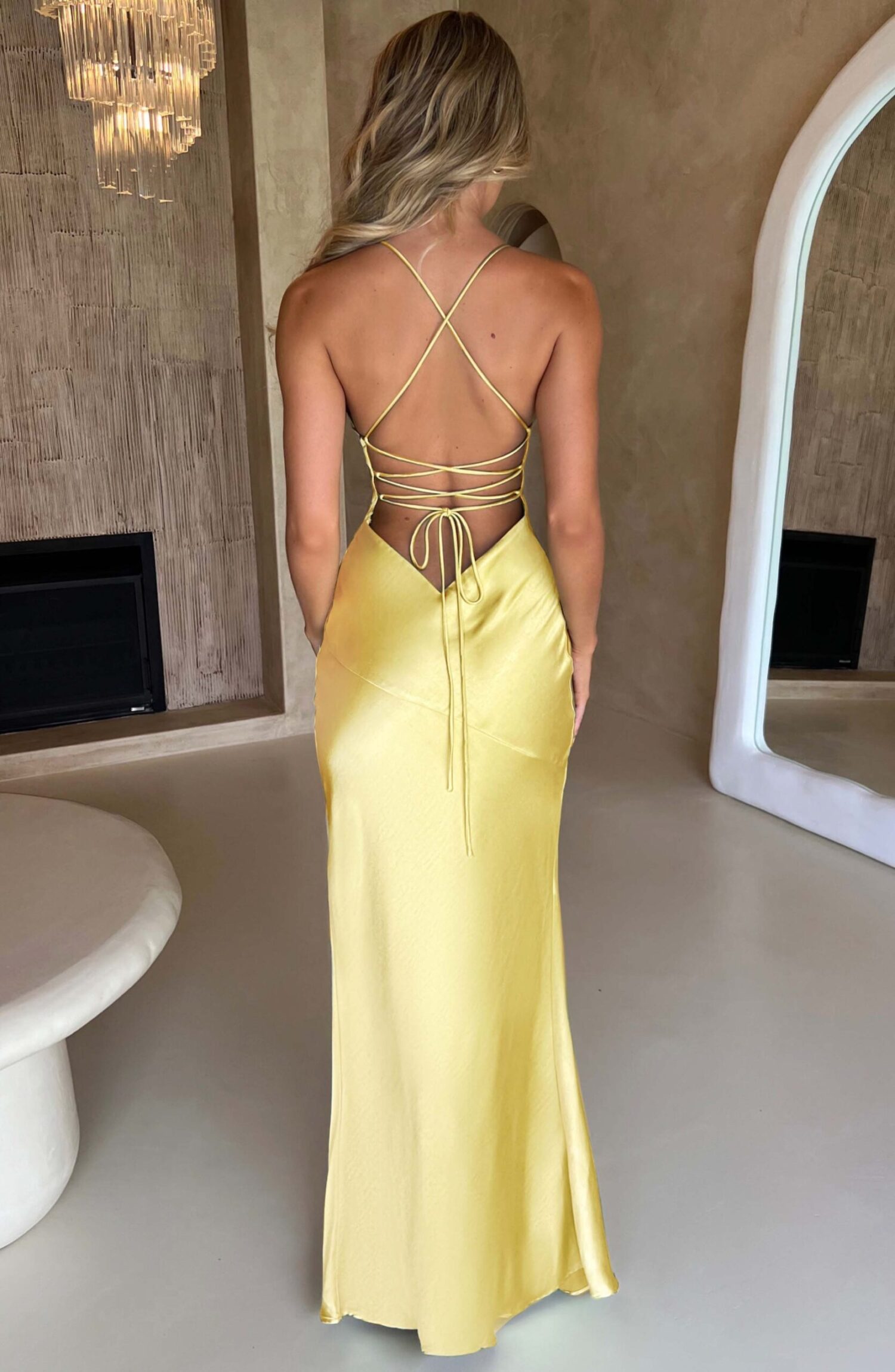 Isobel Lemon Maxi Dress - Soft Satin, Plunge Neck, Low Back - Image 5