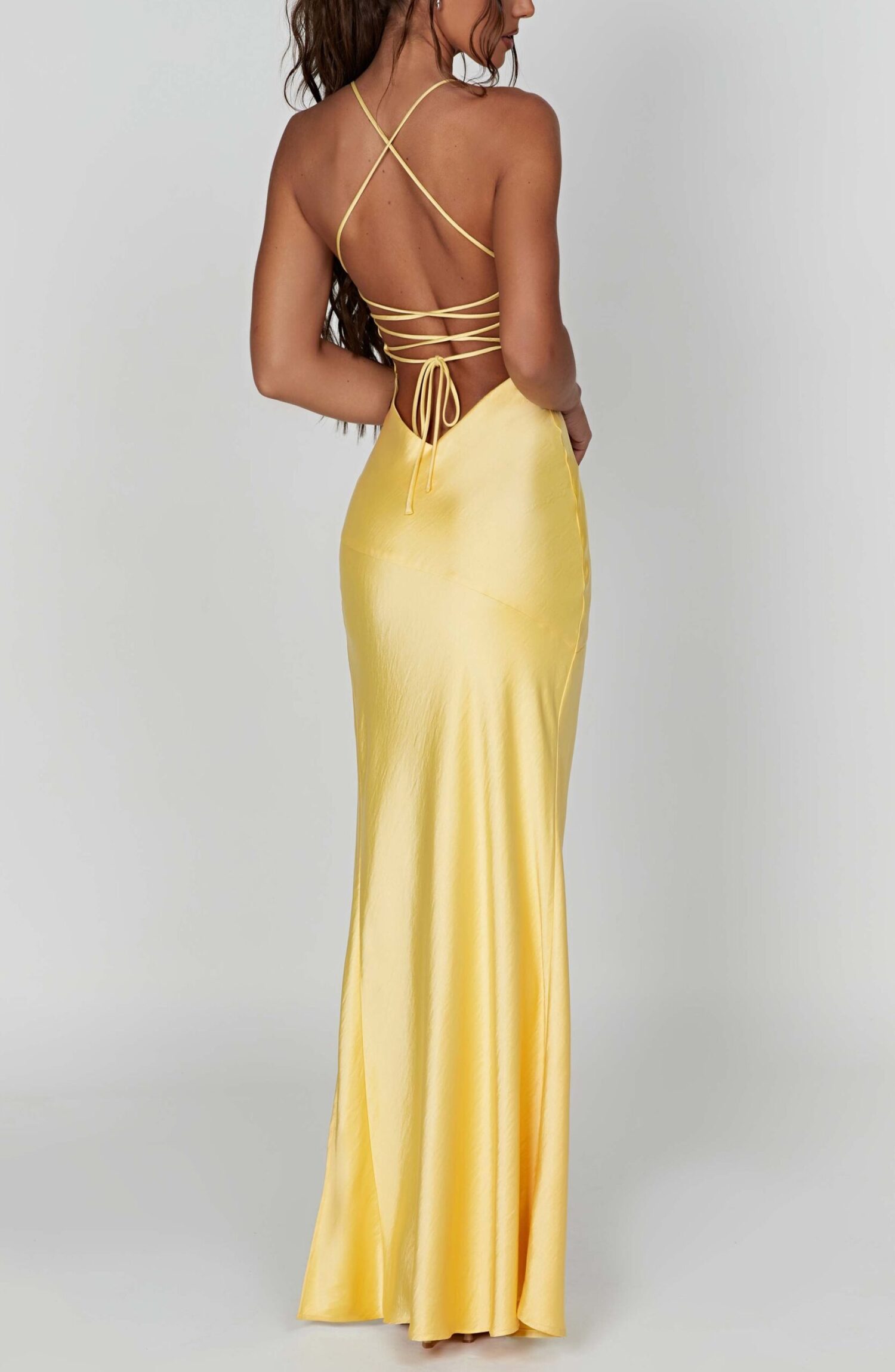 Isobel Lemon Maxi Dress - Soft Satin, Plunge Neck, Low Back - Image 9