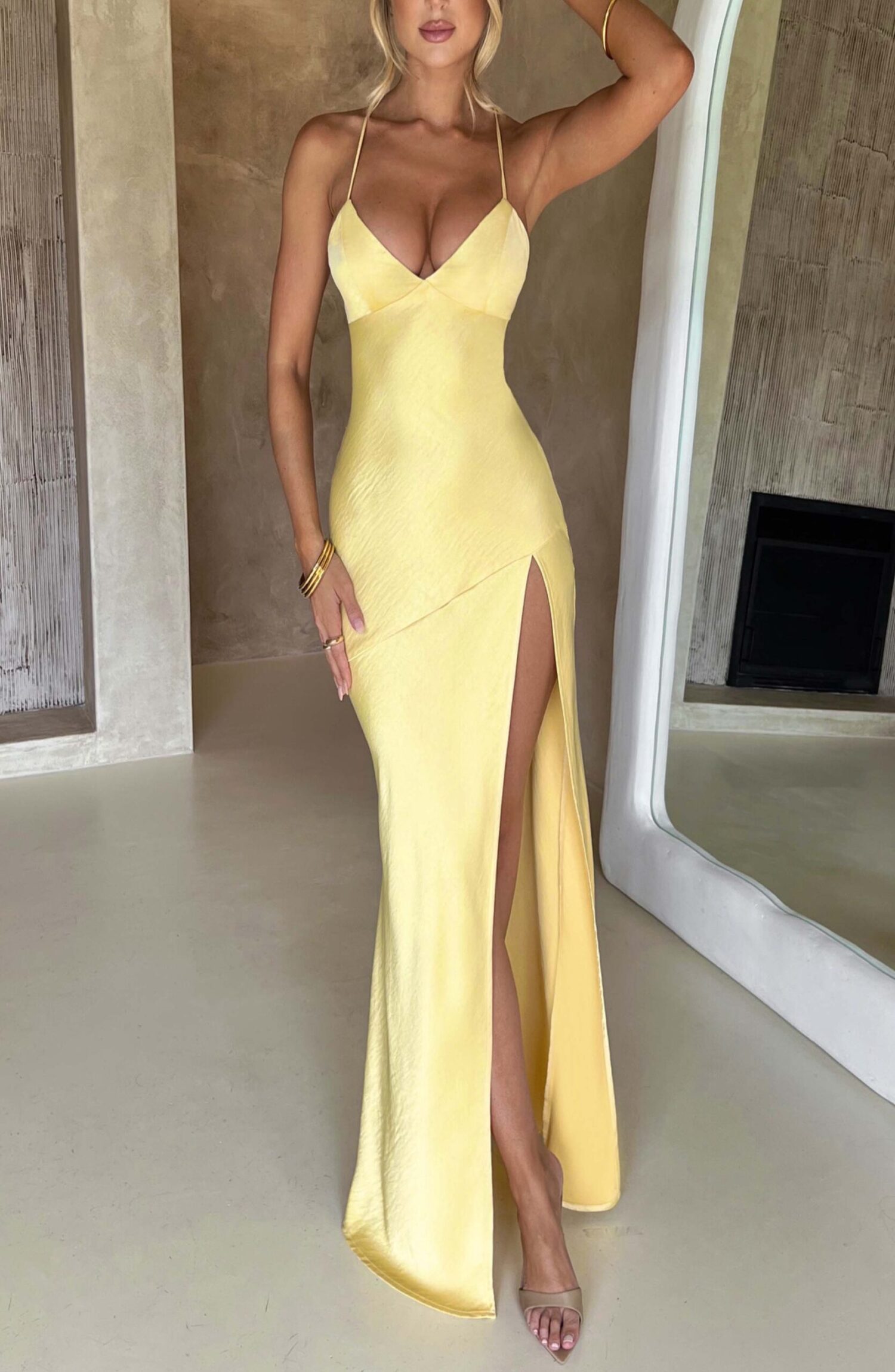 Isobel Lemon Maxi Dress - Soft Satin, Plunge Neck, Low Back