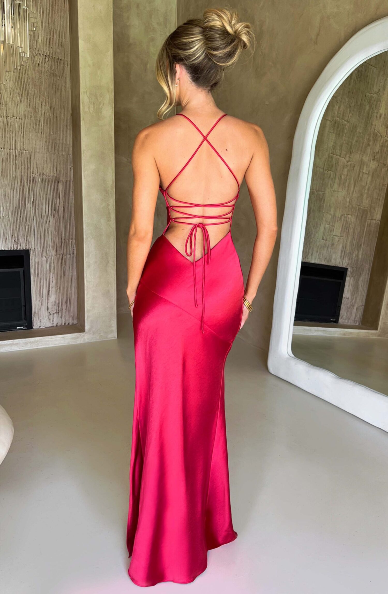 Isobel Red Satin Maxi Dress - Plunge Neck, Low Back, Thigh Split - Image 2