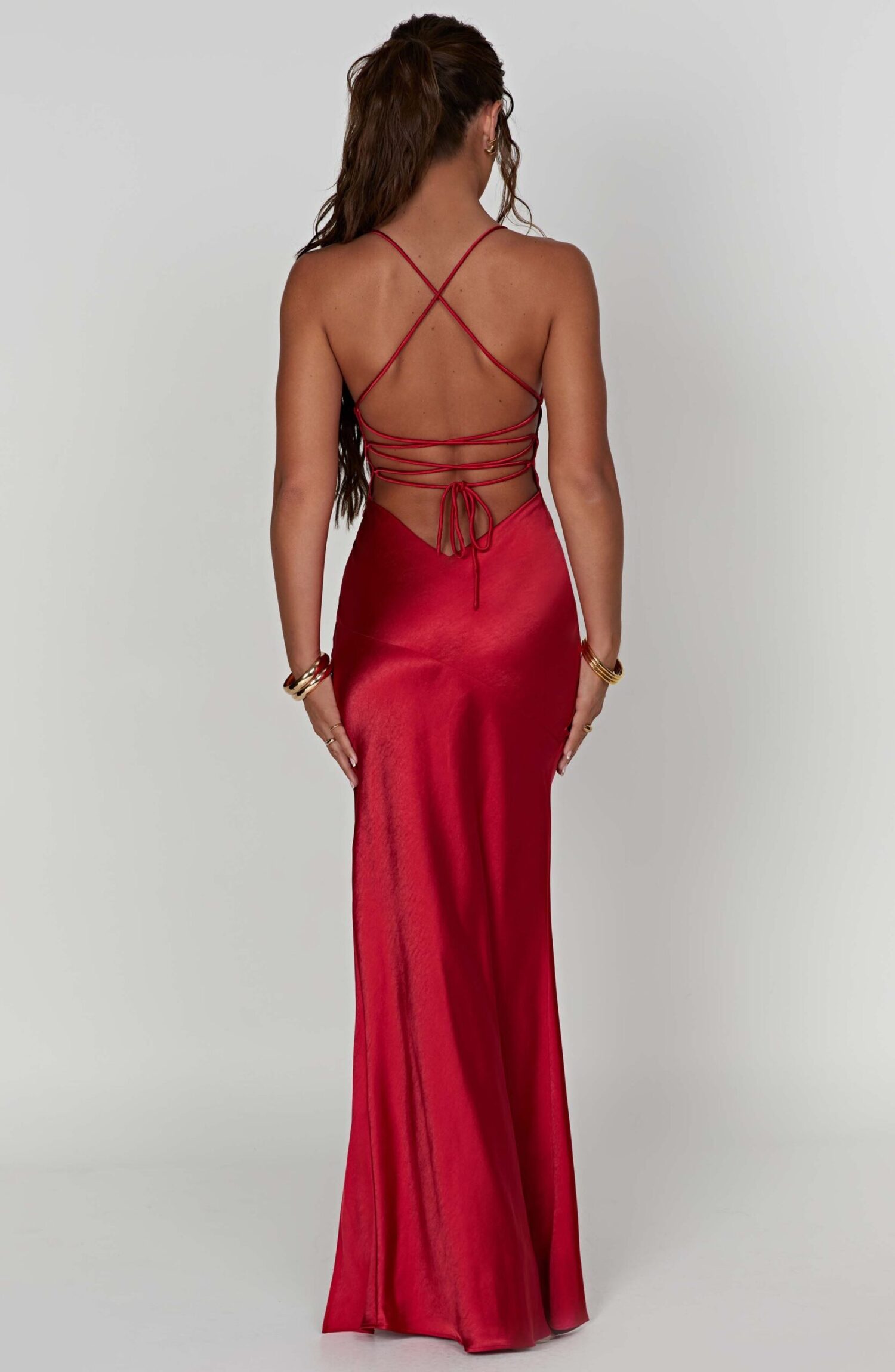 Isobel Red Satin Maxi Dress - Plunge Neck, Low Back, Thigh Split - Image 7