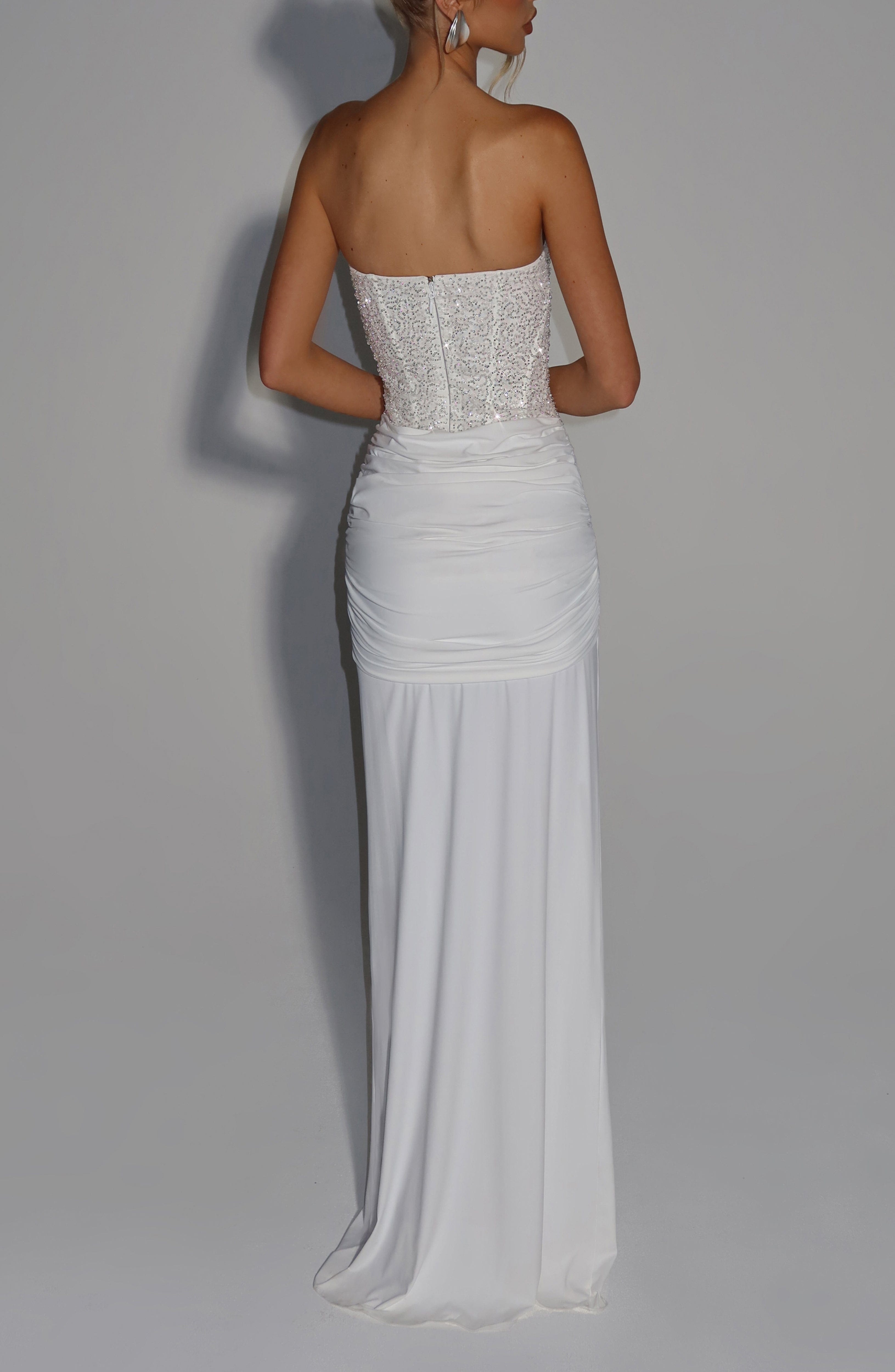 Ivory Beaded Mesh Bodice Strapless Maxi Dress - Image 6