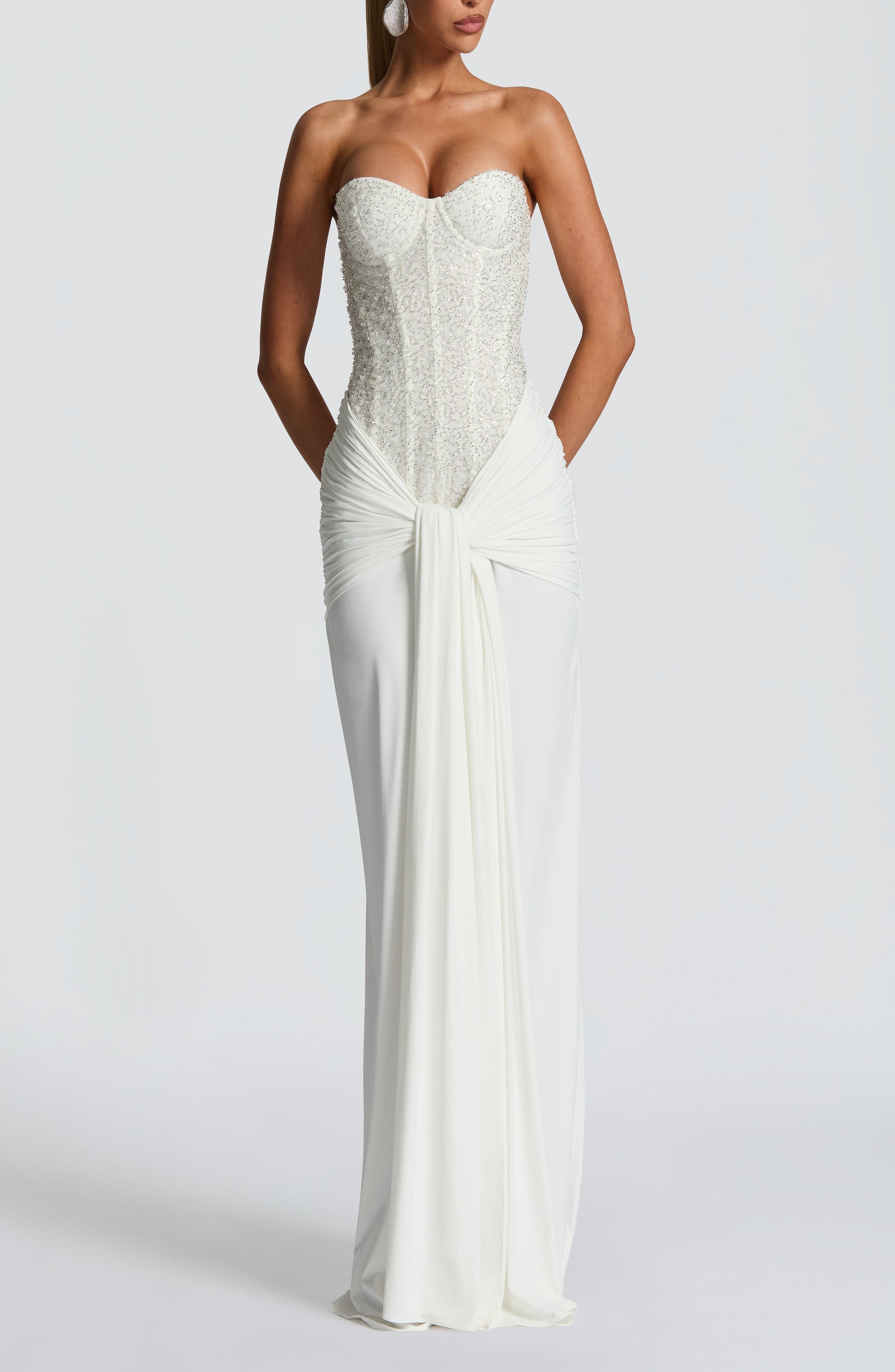 Ivory Beaded Mesh Bodice Strapless Maxi Dress - Image 8
