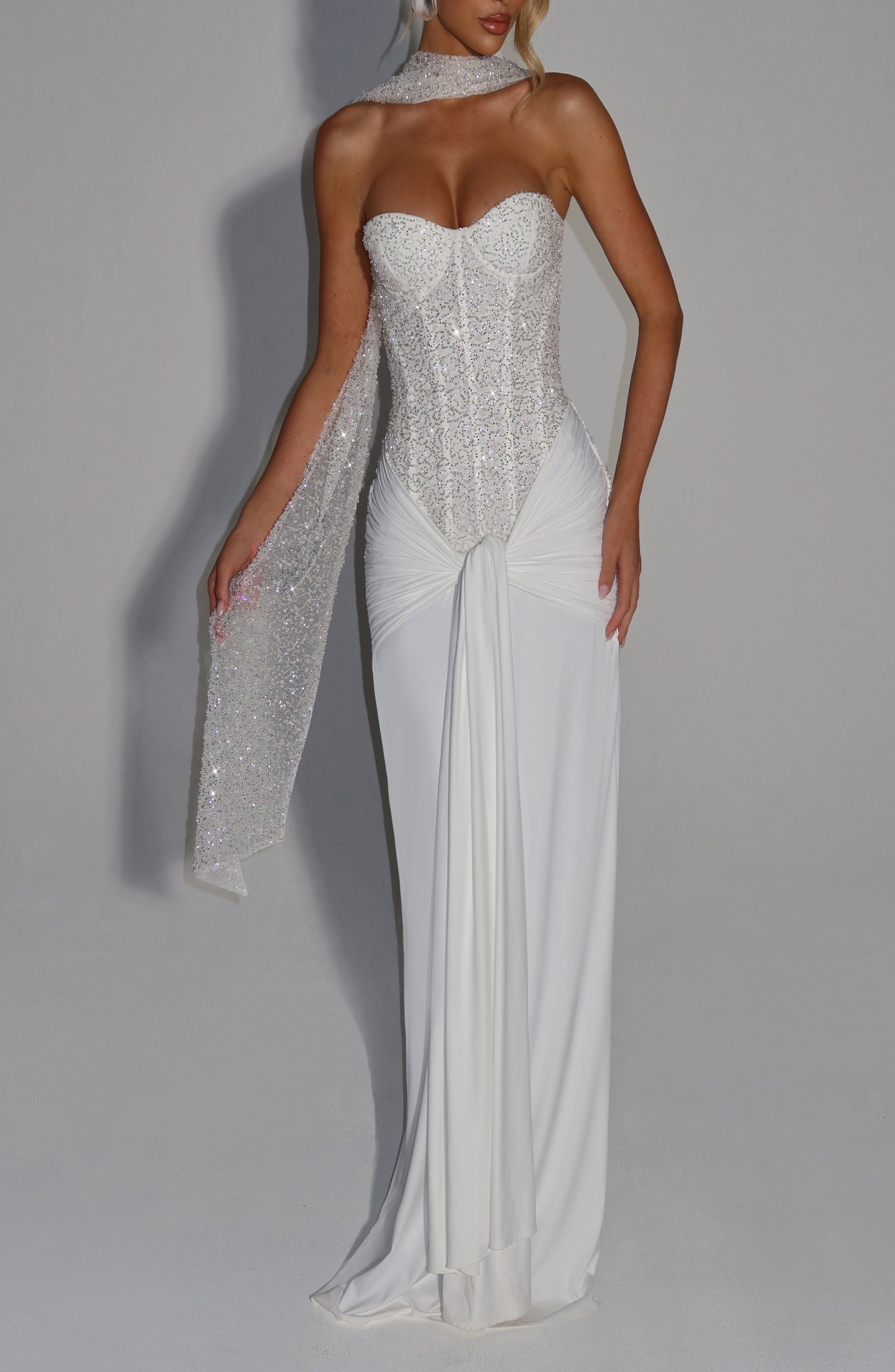 Ivory Beaded Mesh Bodice Strapless Maxi Dress