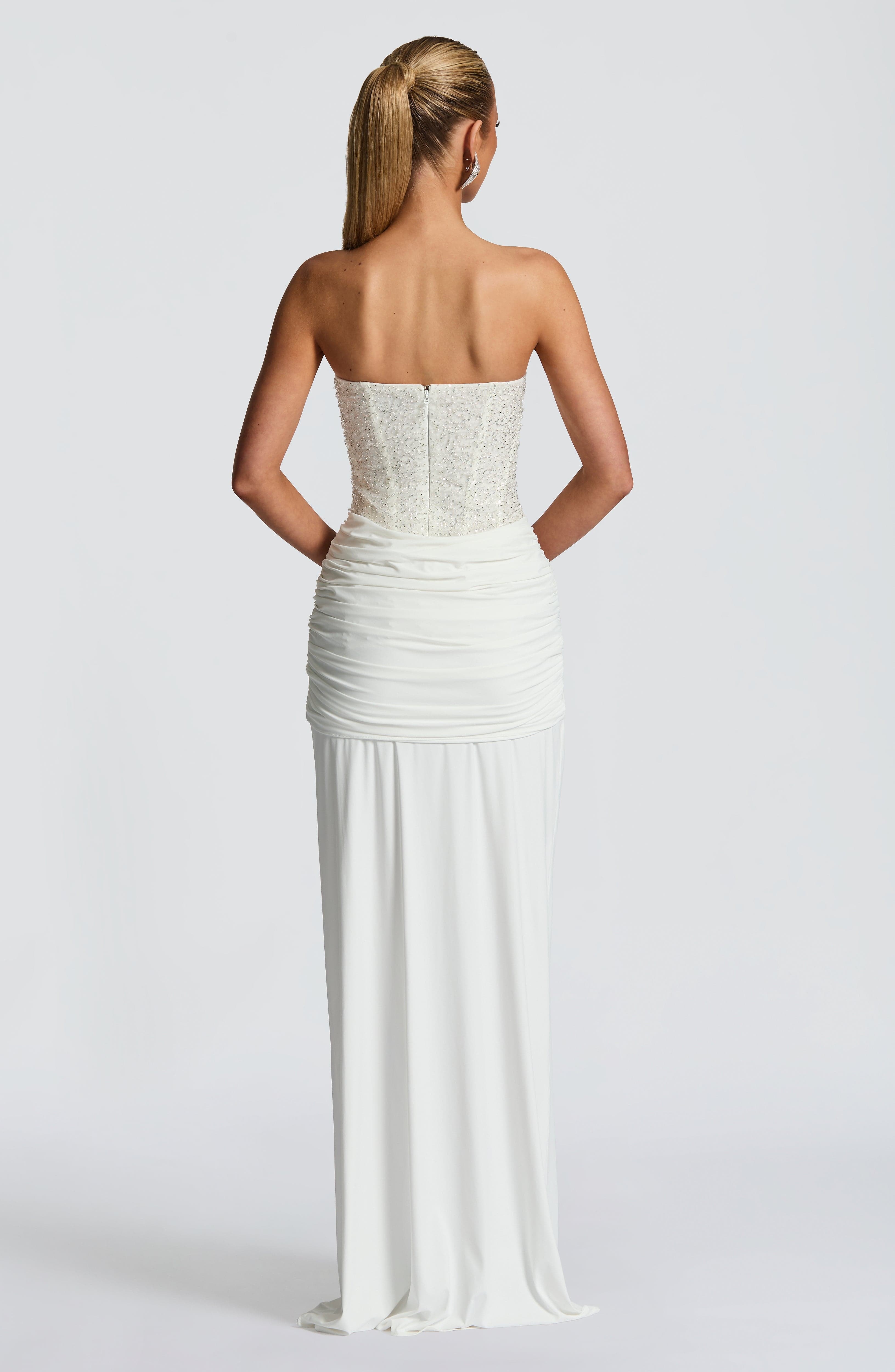 Ivory Beaded Mesh Bodice Strapless Maxi Dress - Image 10