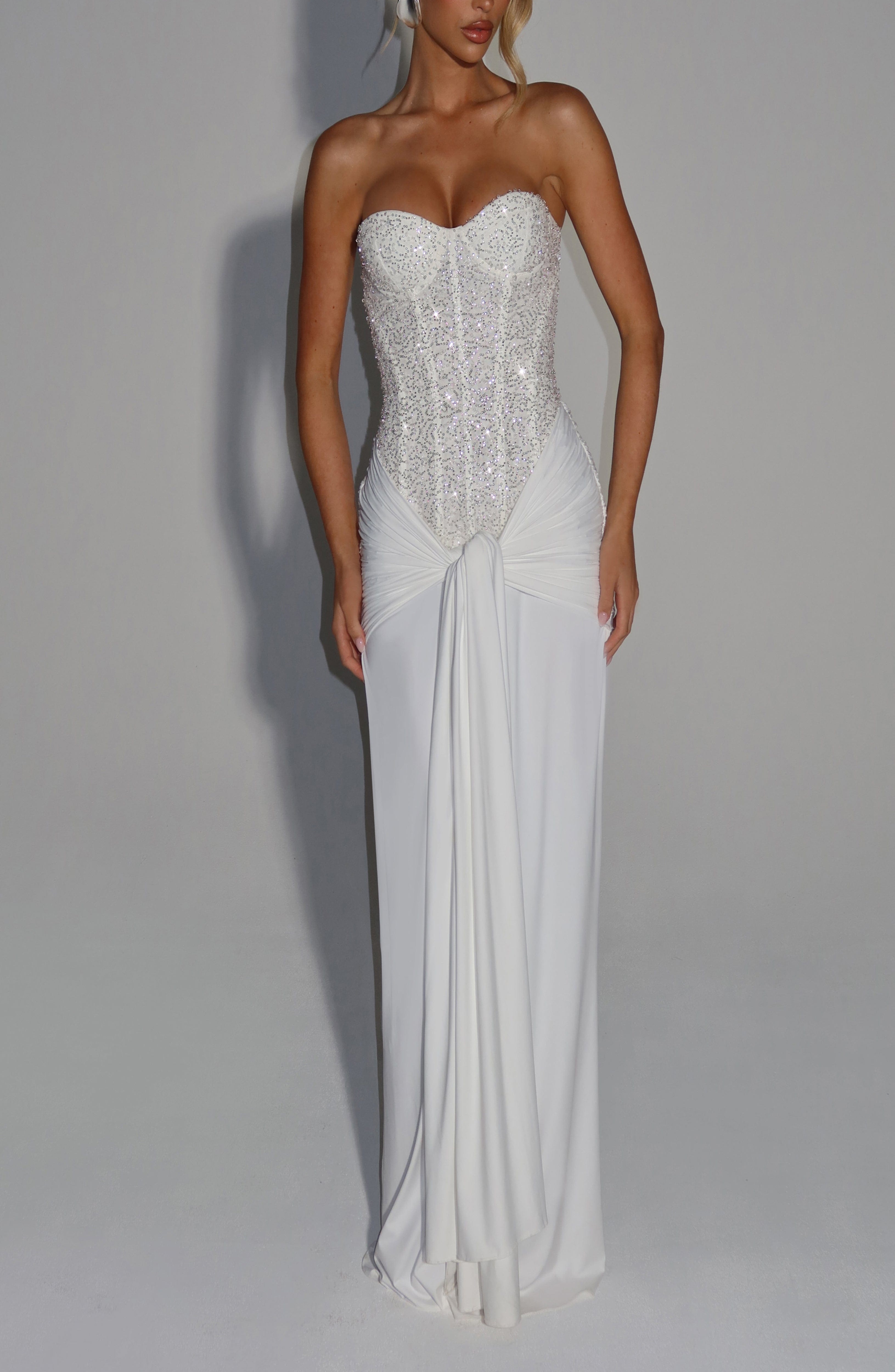 Ivory Beaded Mesh Bodice Strapless Maxi Dress - Image 3