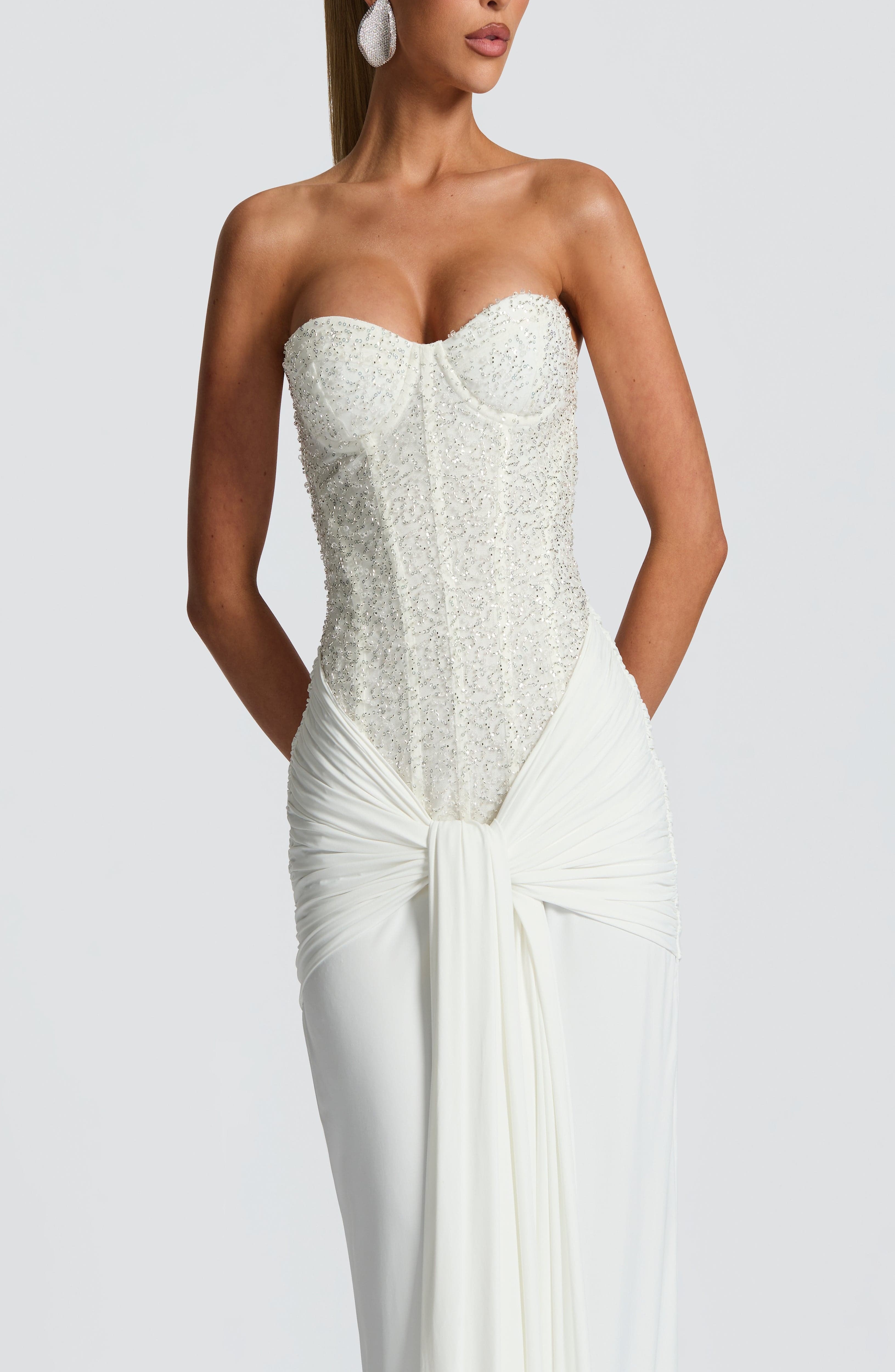 Ivory Beaded Mesh Bodice Strapless Maxi Dress - Image 7