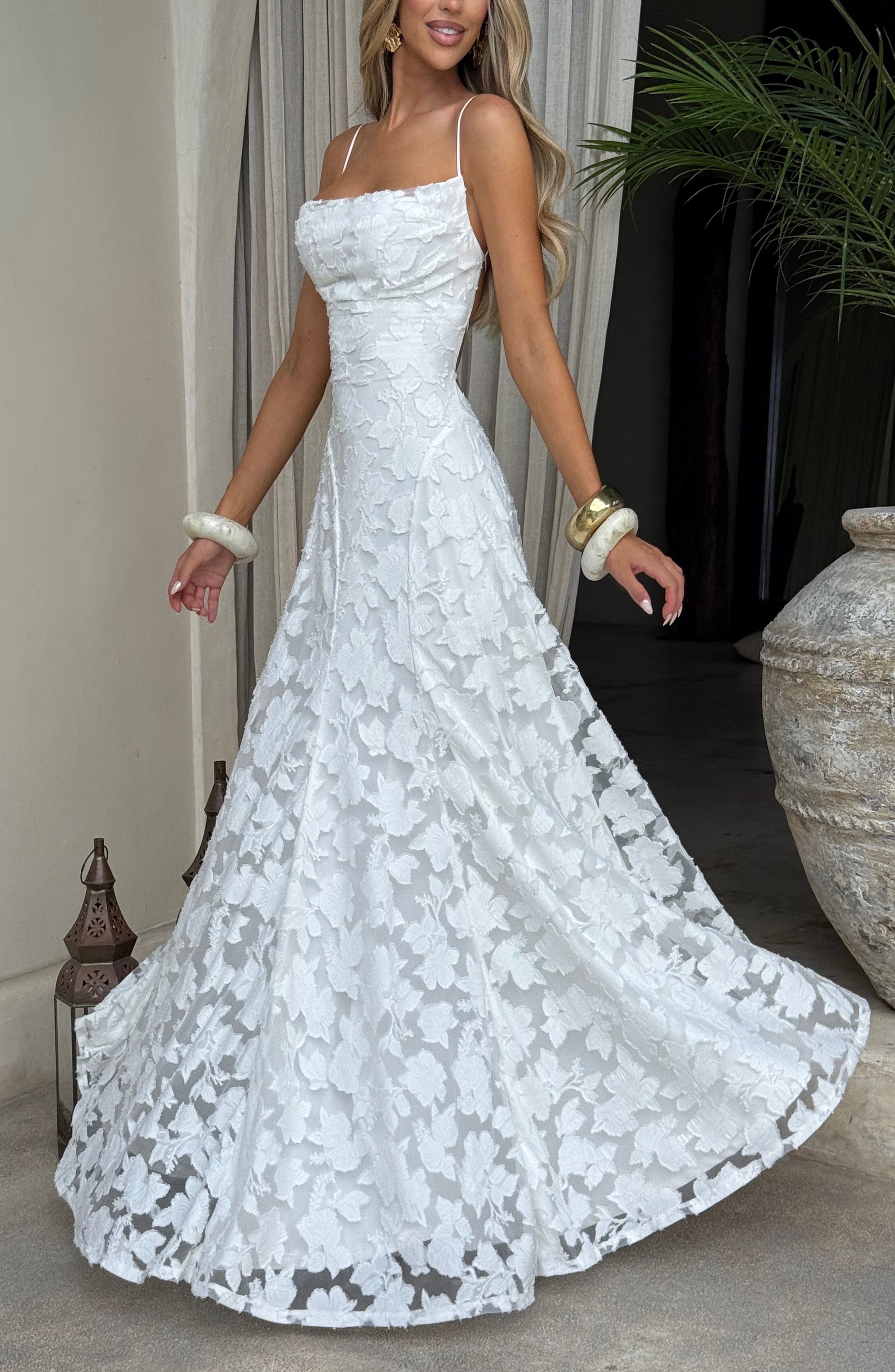 Ivory Floral Burnout Maxi Dress with Cowl Neck & Lace-Up Back - Image 4