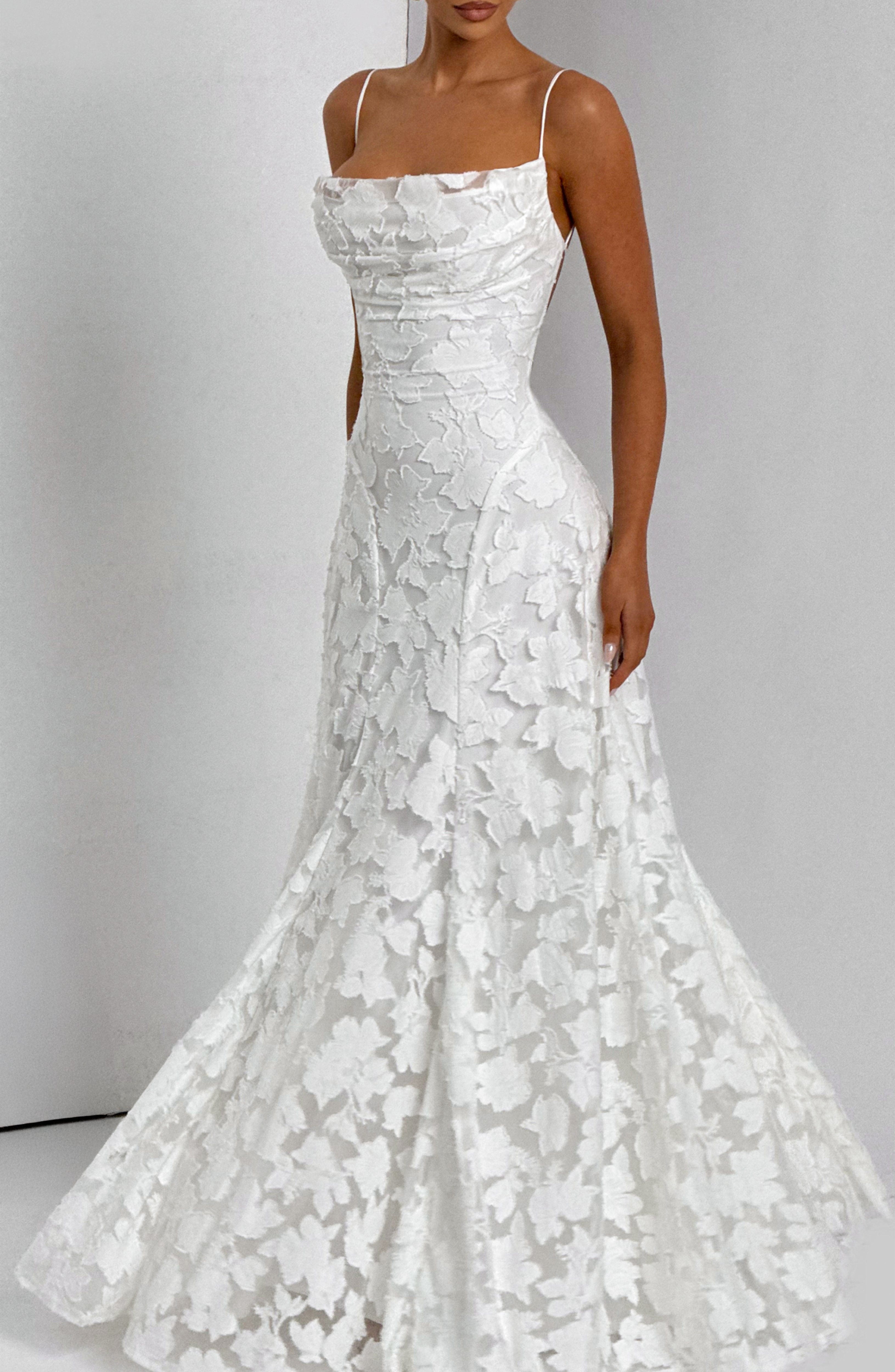 Ivory Floral Burnout Maxi Dress with Cowl Neck & Lace-Up Back