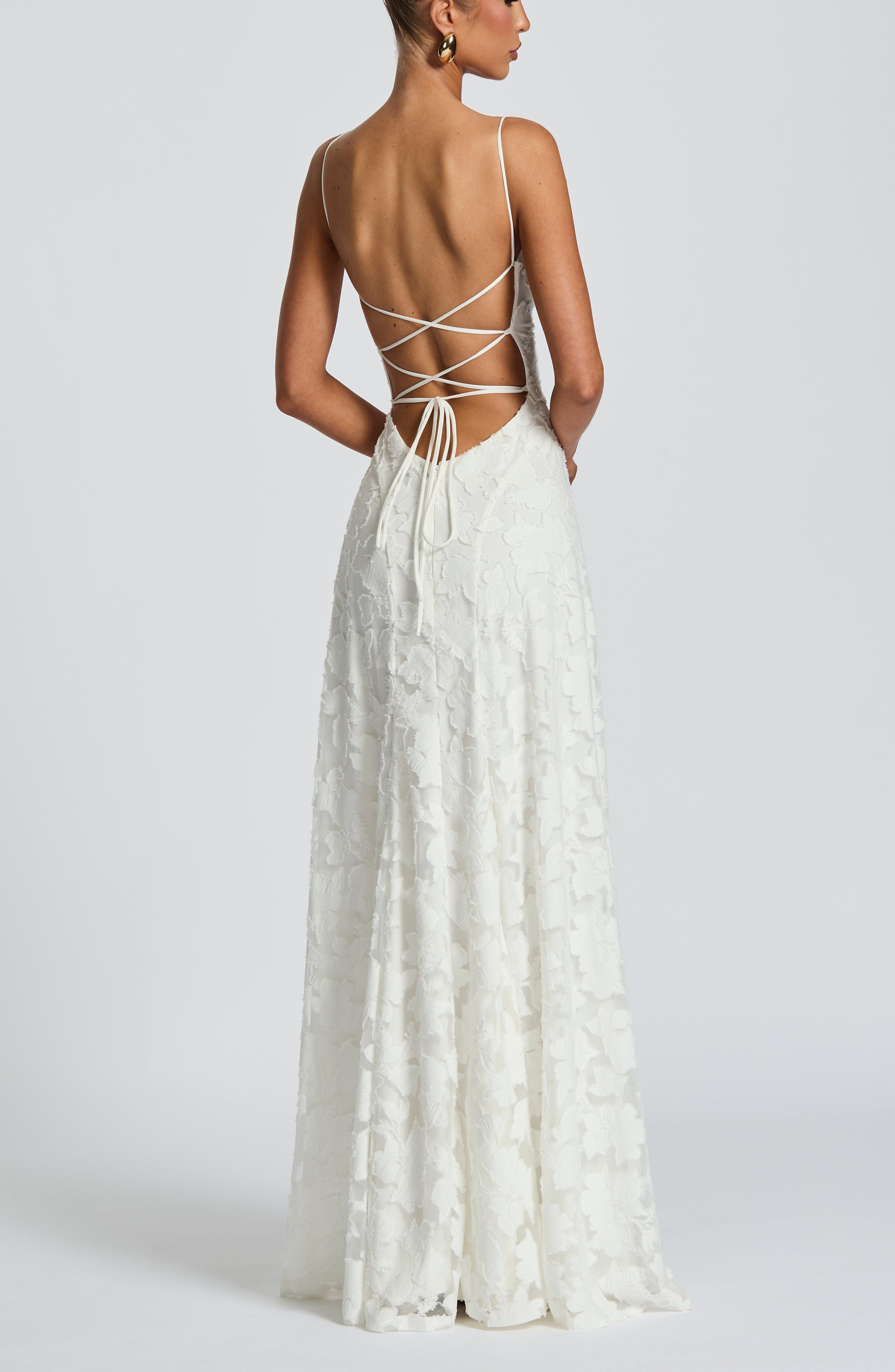 Ivory Floral Burnout Maxi Dress with Cowl Neck & Lace-Up Back - Image 8