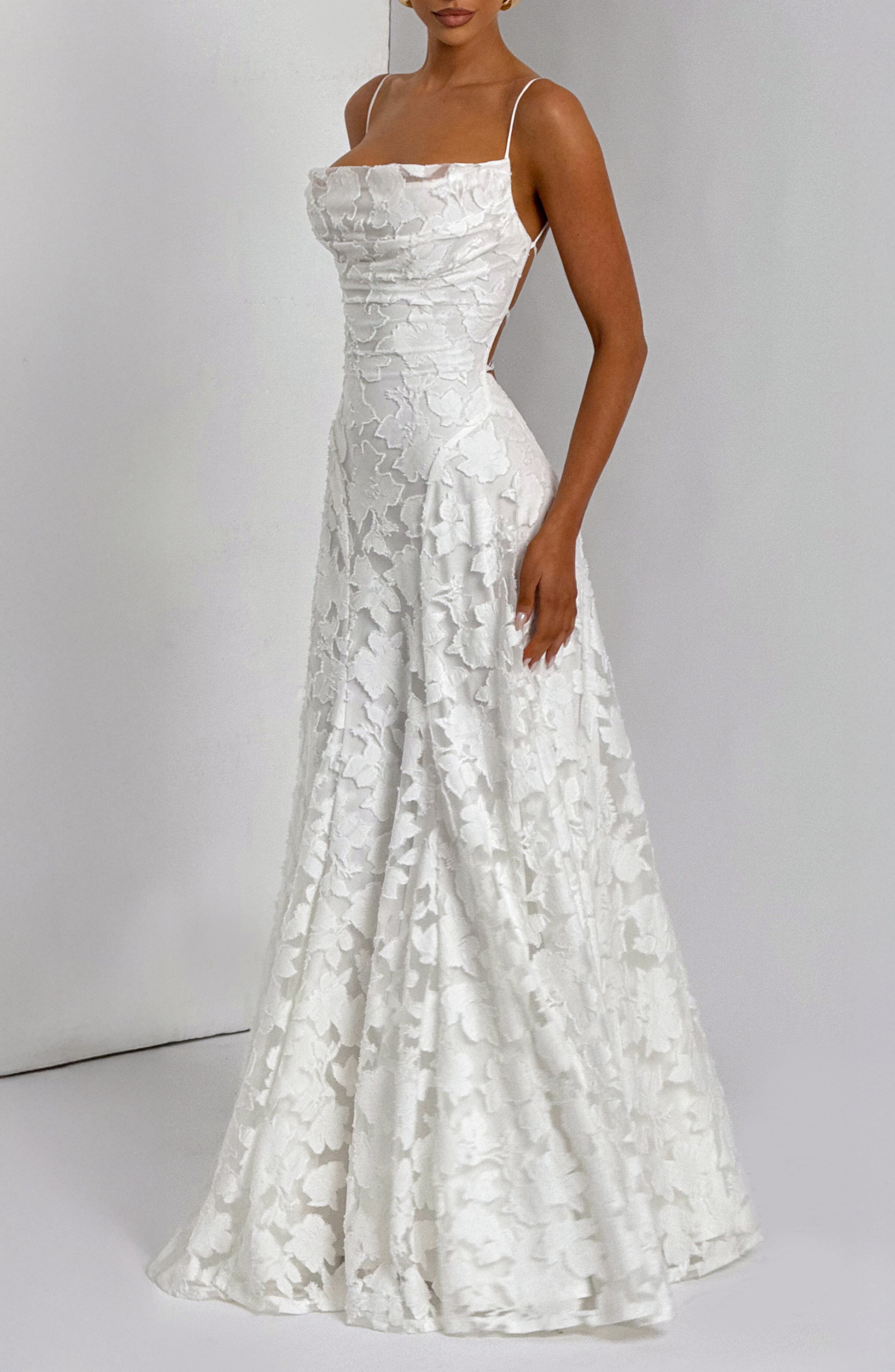 Ivory Floral Burnout Maxi Dress with Cowl Neck & Lace-Up Back - Image 6